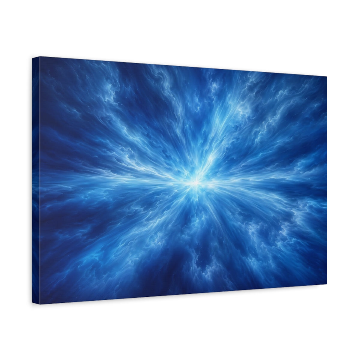Side Mockup 3. Abstract Energy Burst Blue Abstract shown as stretched canvas wall art