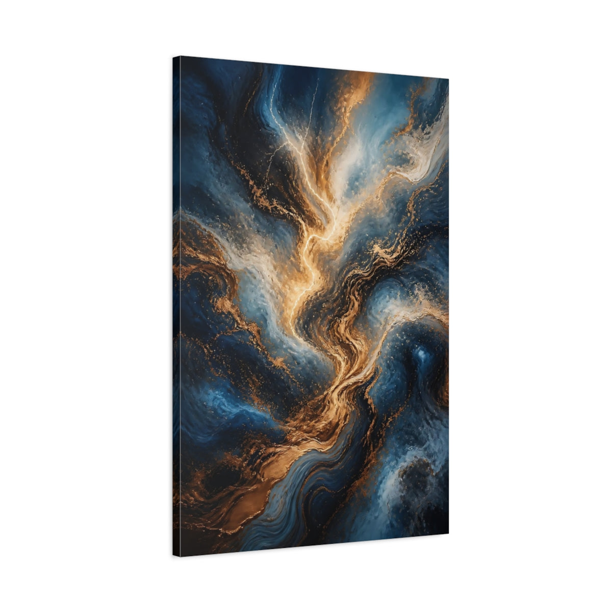 Main Mockup. Abstract Energy Burst Blue Gold Marble shown as stretched canvas wall art