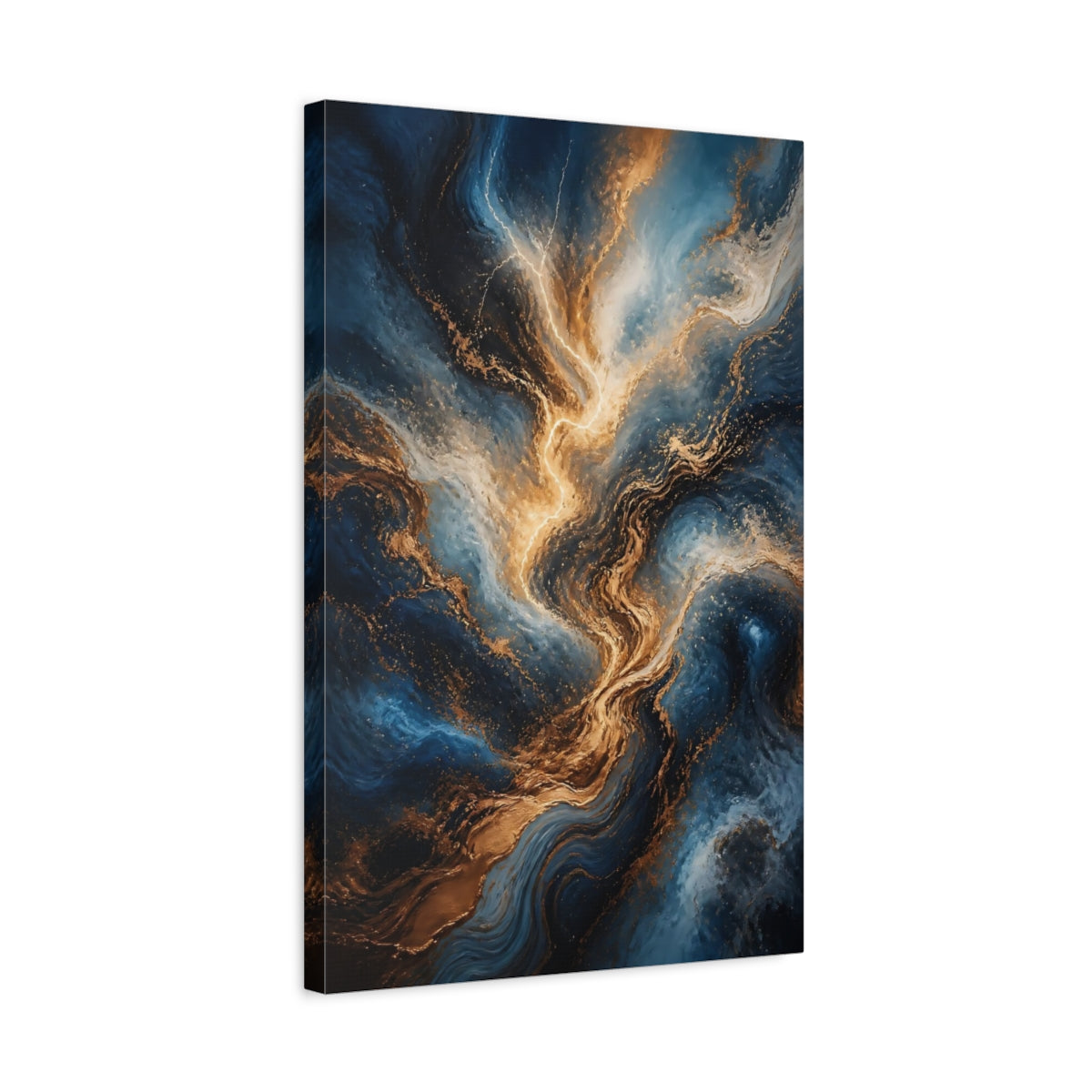 Side Mockup 3. Abstract Energy Burst Blue Gold Marble shown as stretched canvas wall art
