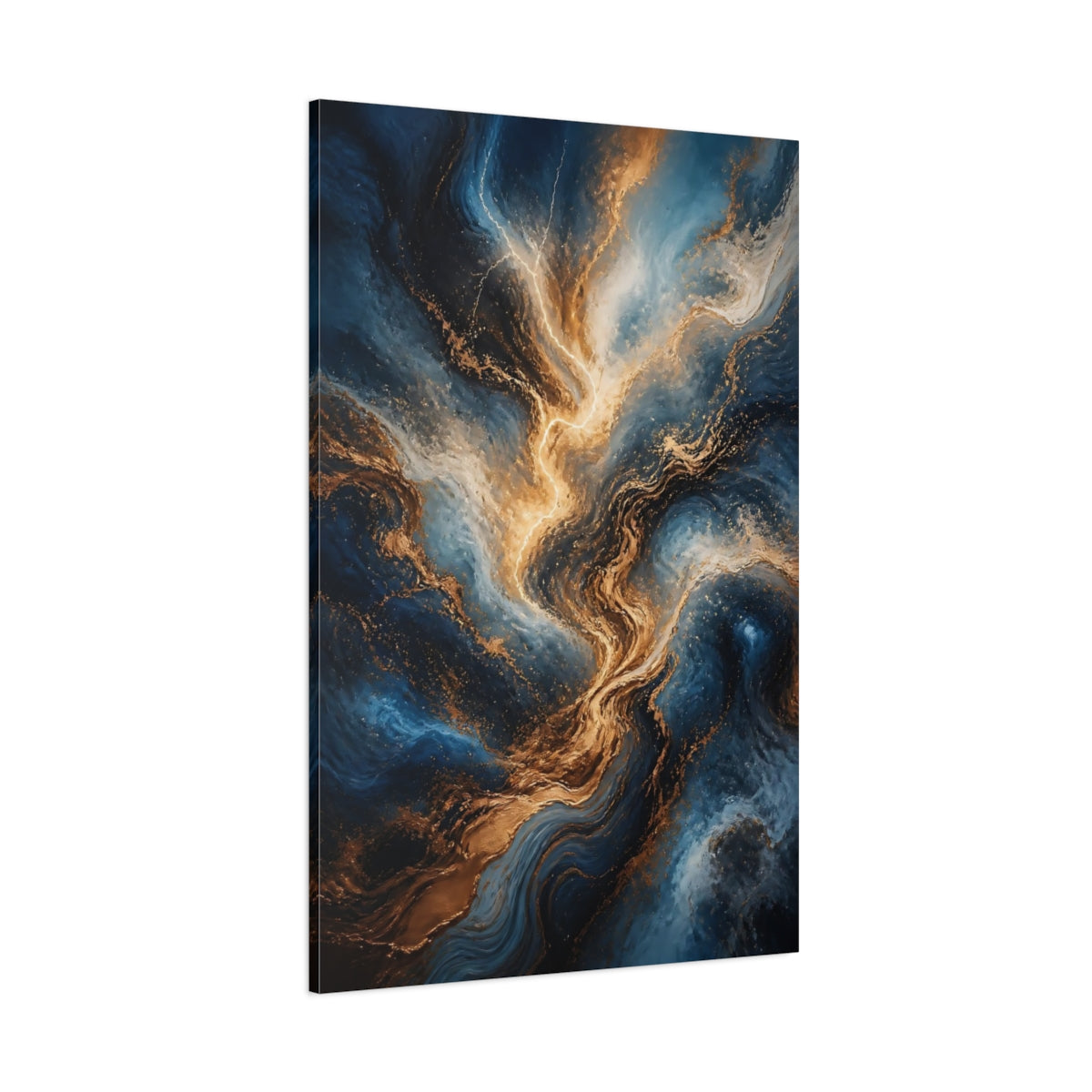 Side Mockup 1. Abstract Energy Burst Blue Gold Marble shown as stretched canvas wall art