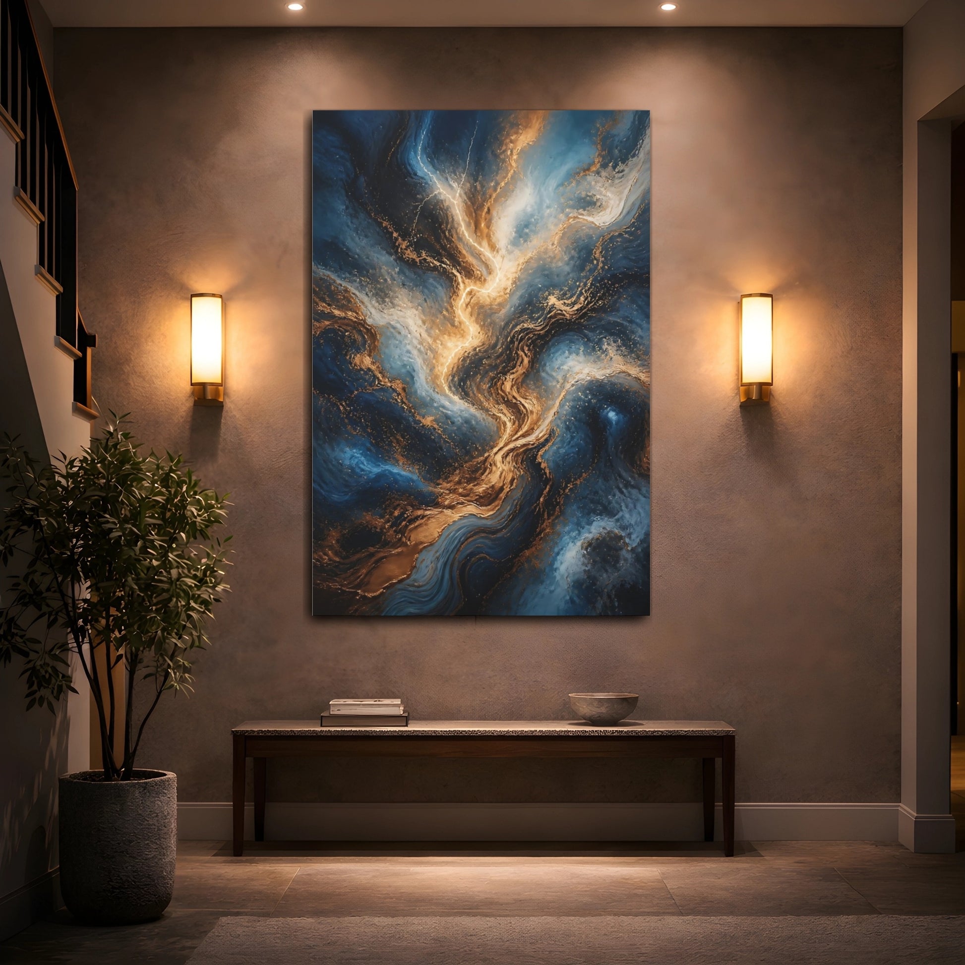 Mockup 2. Abstract Energy Burst Blue Gold Marble shown as stretched canvas wall art