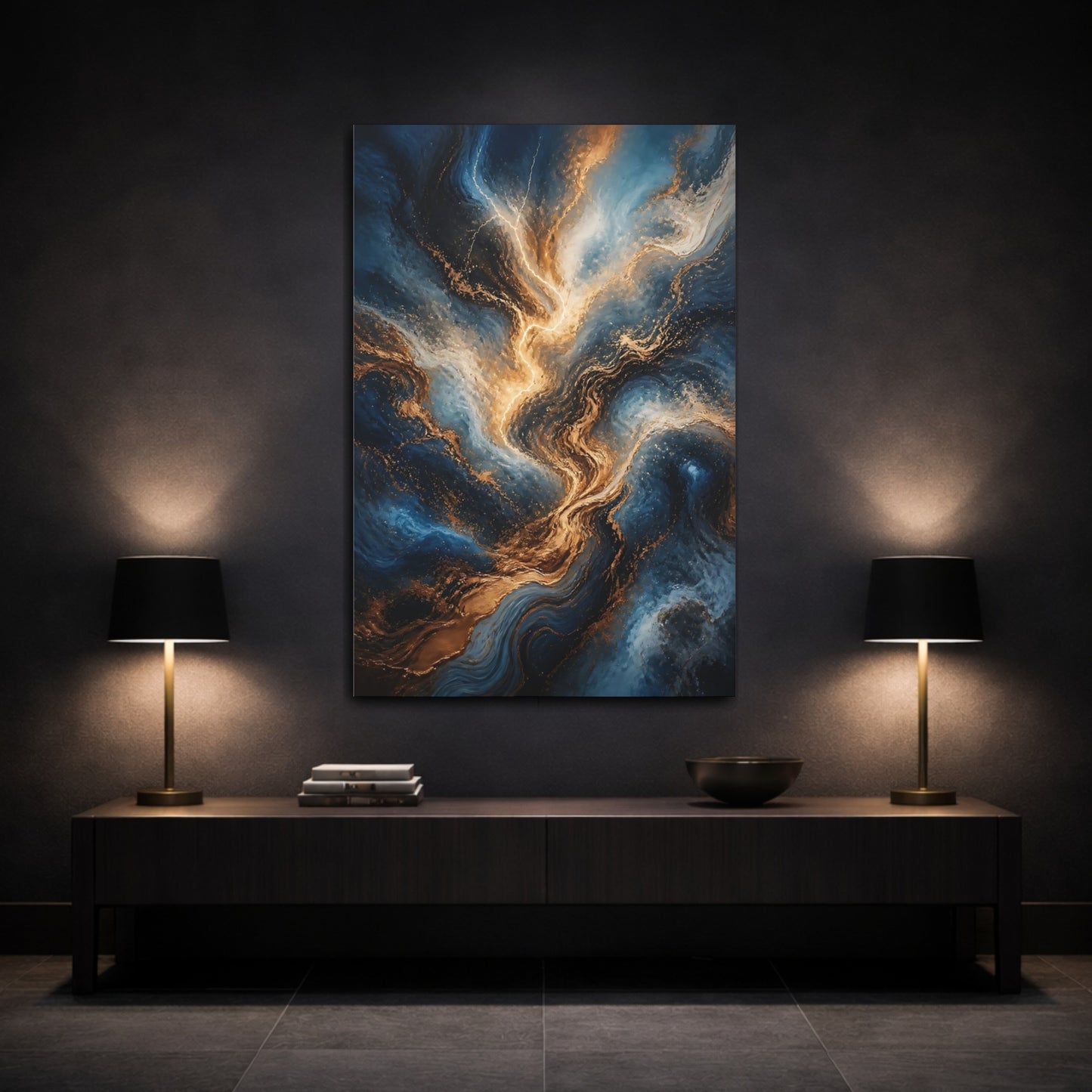 Mockup 3. Abstract Energy Burst Blue Gold Marble shown as stretched canvas wall art