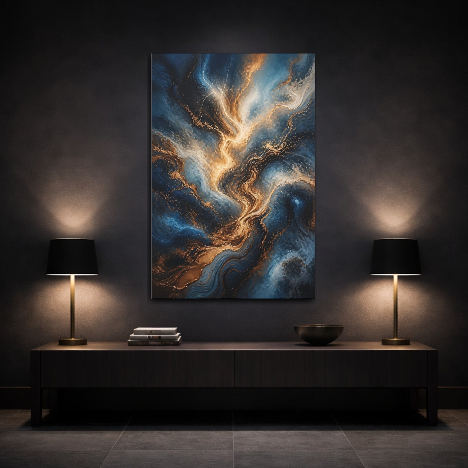 Mockup 3. Abstract Energy Burst Blue Gold Marble shown as stretched canvas wall art