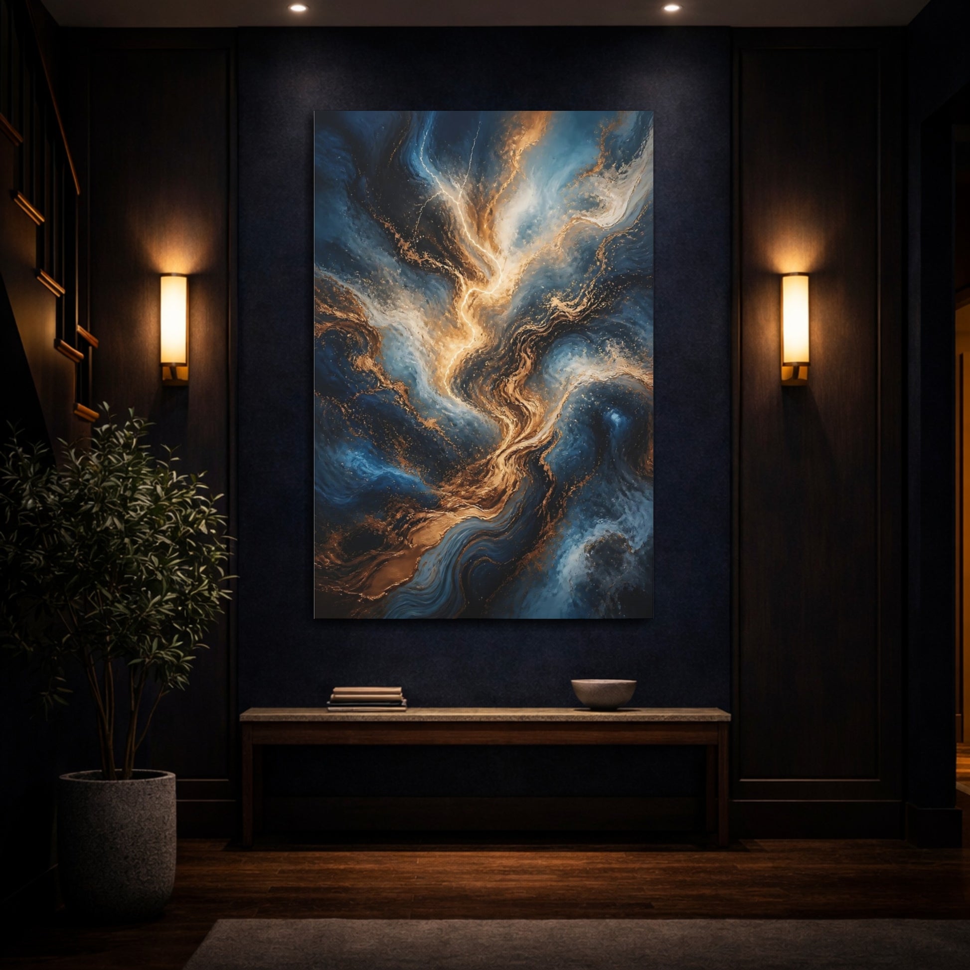 Mockup 4. Abstract Energy Burst Blue Gold Marble shown as stretched canvas wall art