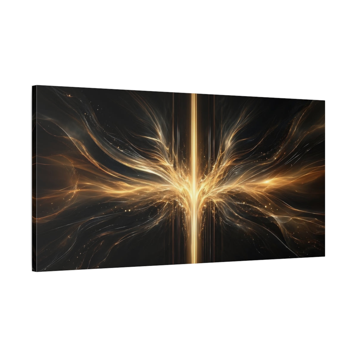 Main Mockup. Abstract Energy Burst Gold And Black Abstract shown as stretched canvas wall art
