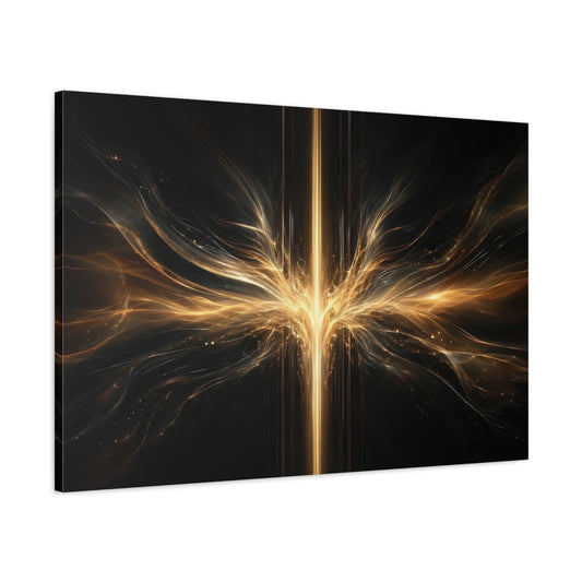 Main Mockup. Abstract Energy Burst Gold And Black Abstract shown as stretched canvas wall art