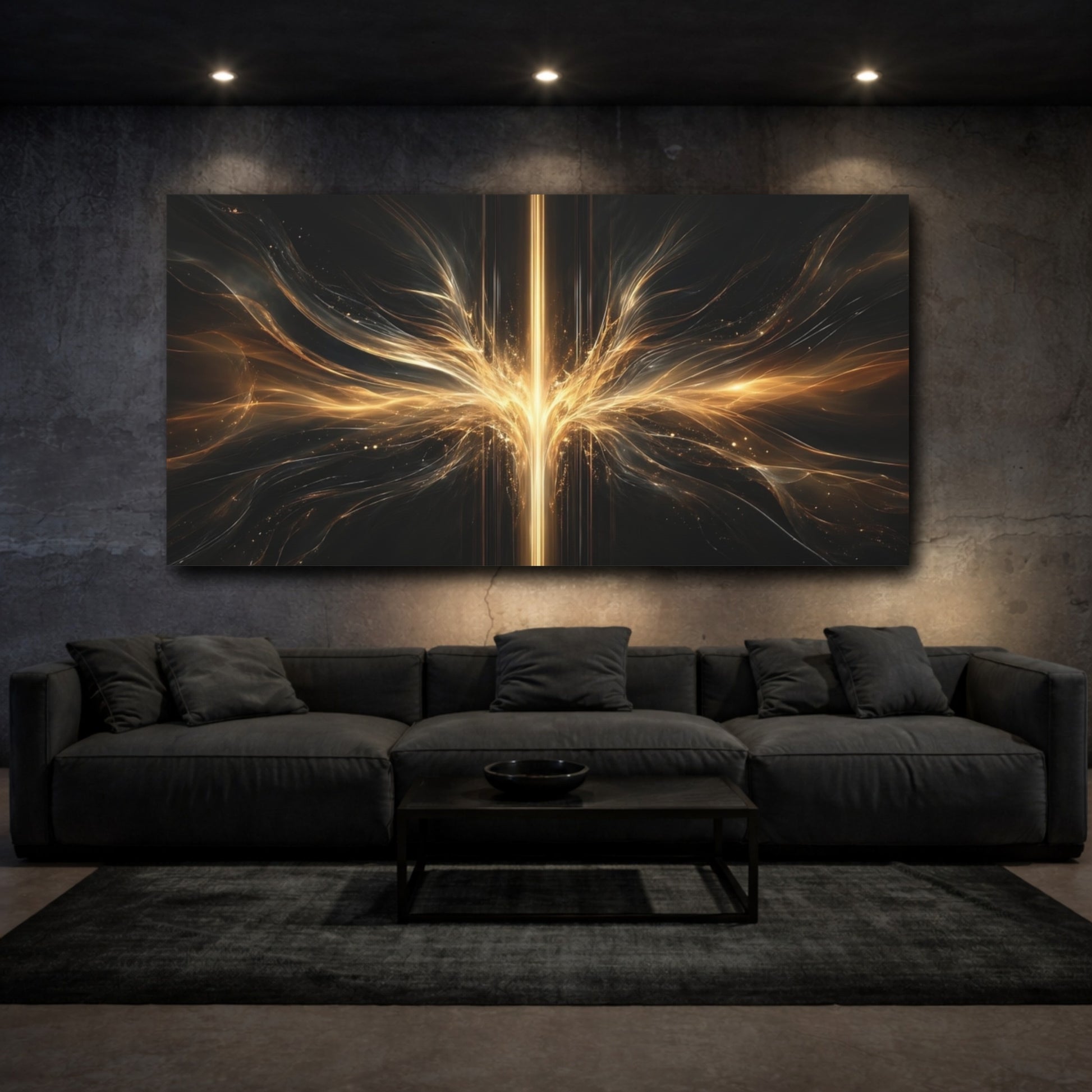 Mockup 2. Abstract Energy Burst Gold And Black Abstract shown as stretched canvas wall art