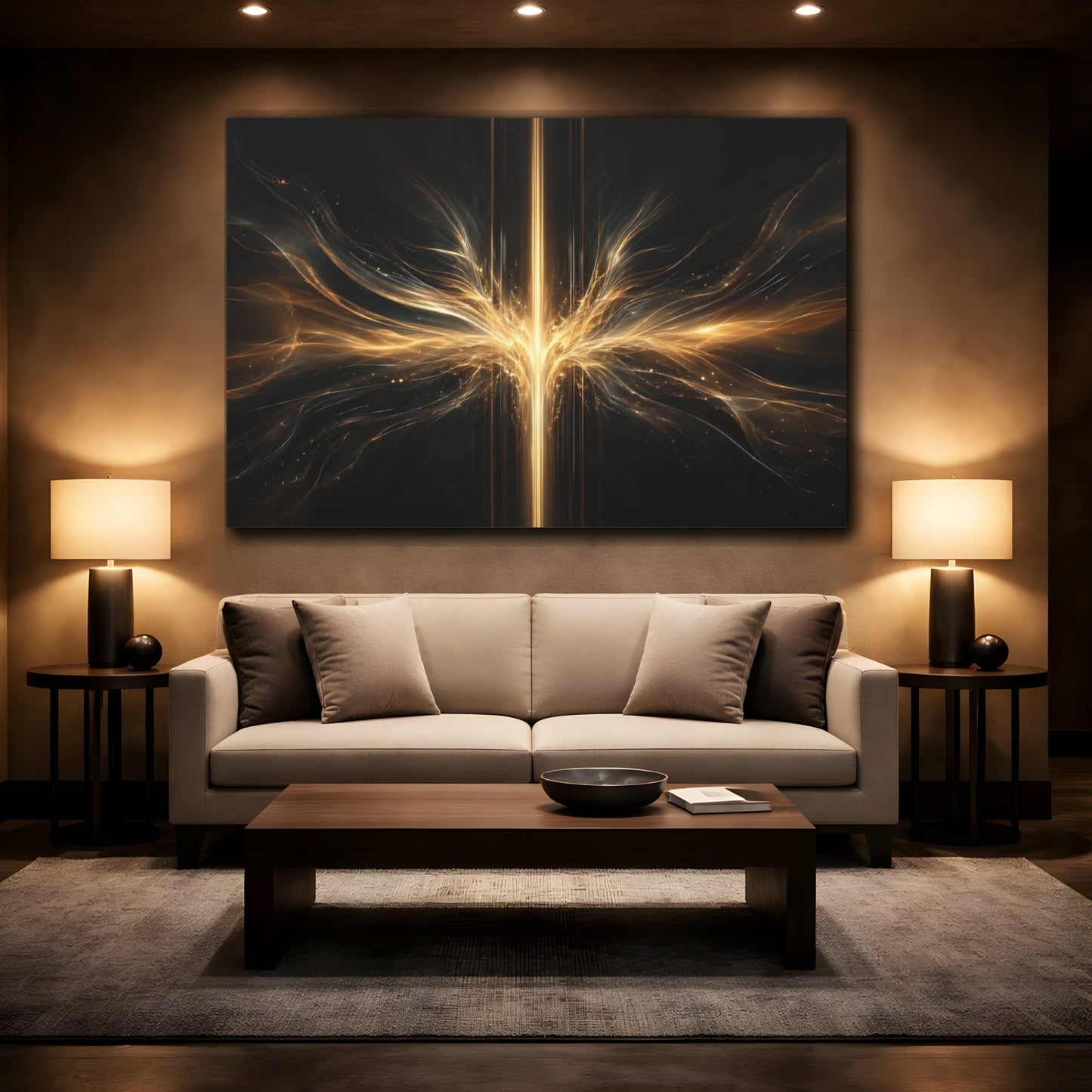 Mockup 2. Abstract Energy Burst Gold And Black Abstract shown as stretched canvas wall art