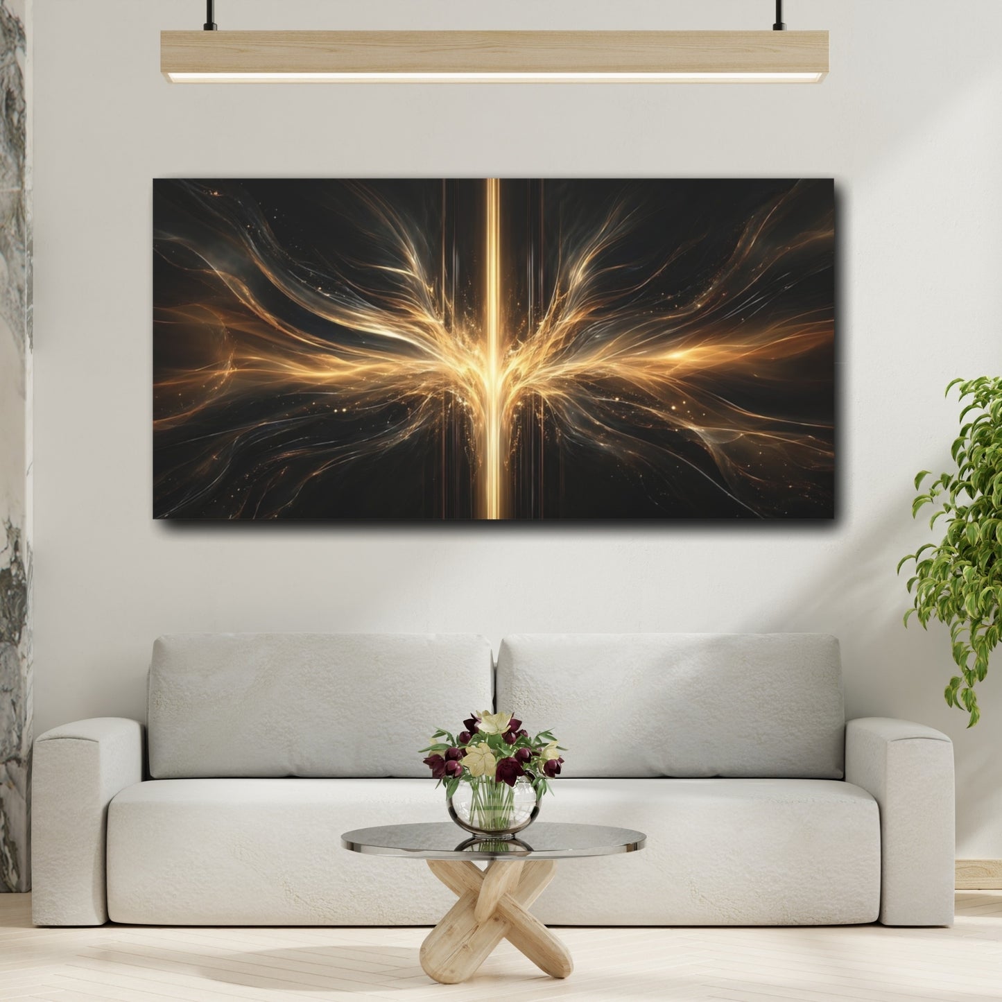 Mockup 3. Abstract Energy Burst Gold And Black Abstract shown as stretched canvas wall art