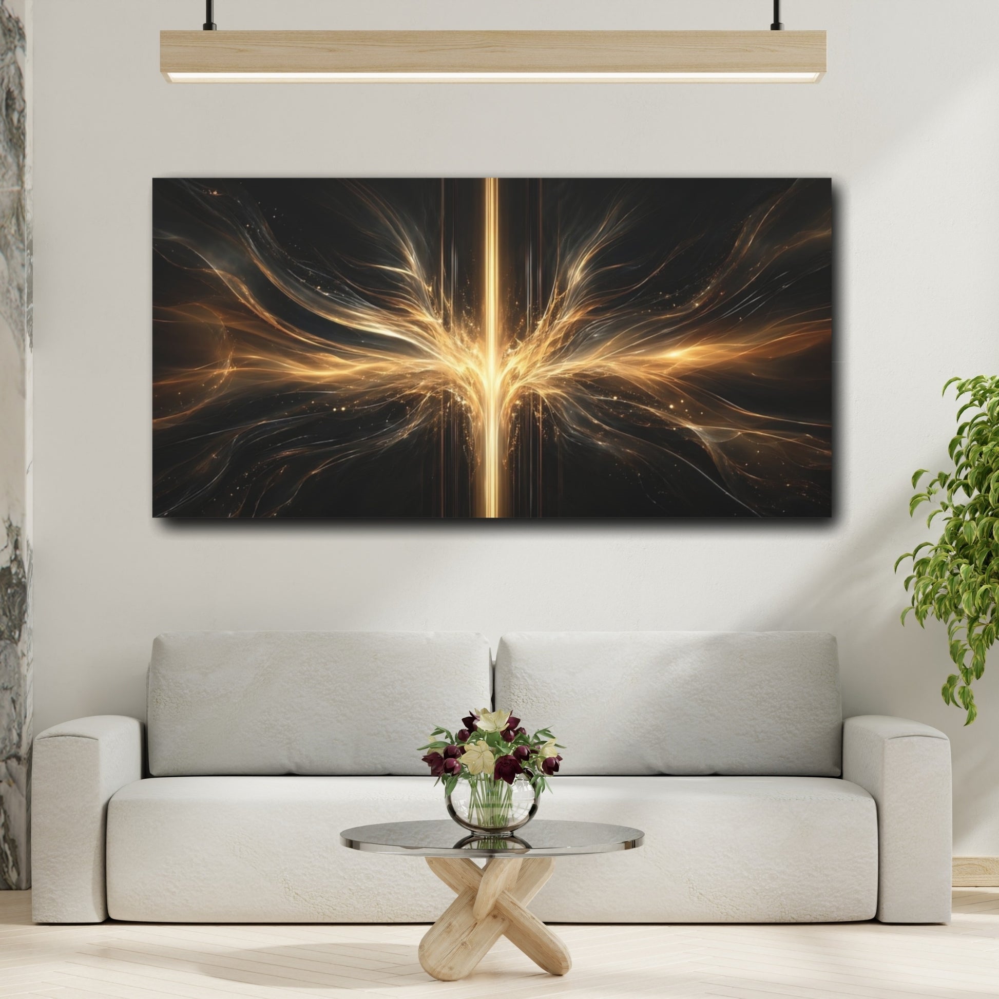 Mockup 3. Abstract Energy Burst Gold And Black Abstract shown as stretched canvas wall art