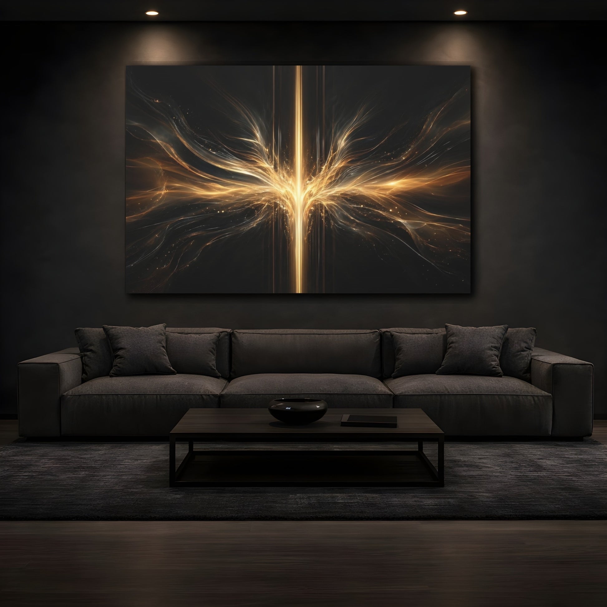 Mockup 3. Abstract Energy Burst Gold And Black Abstract shown as stretched canvas wall art