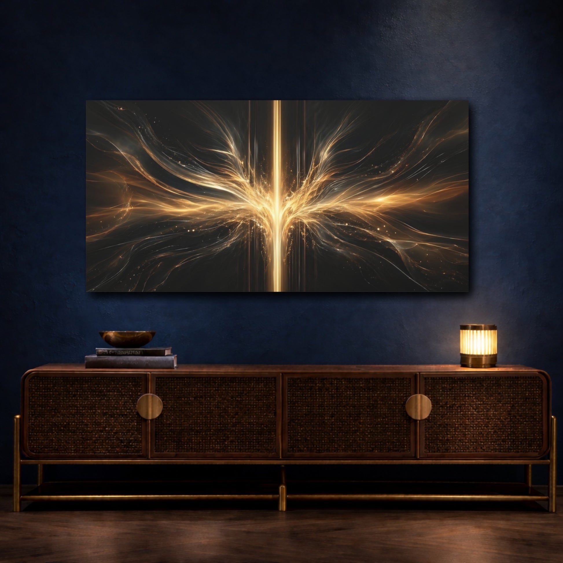 Mockup 4. Abstract Energy Burst Gold And Black Abstract shown as stretched canvas wall art