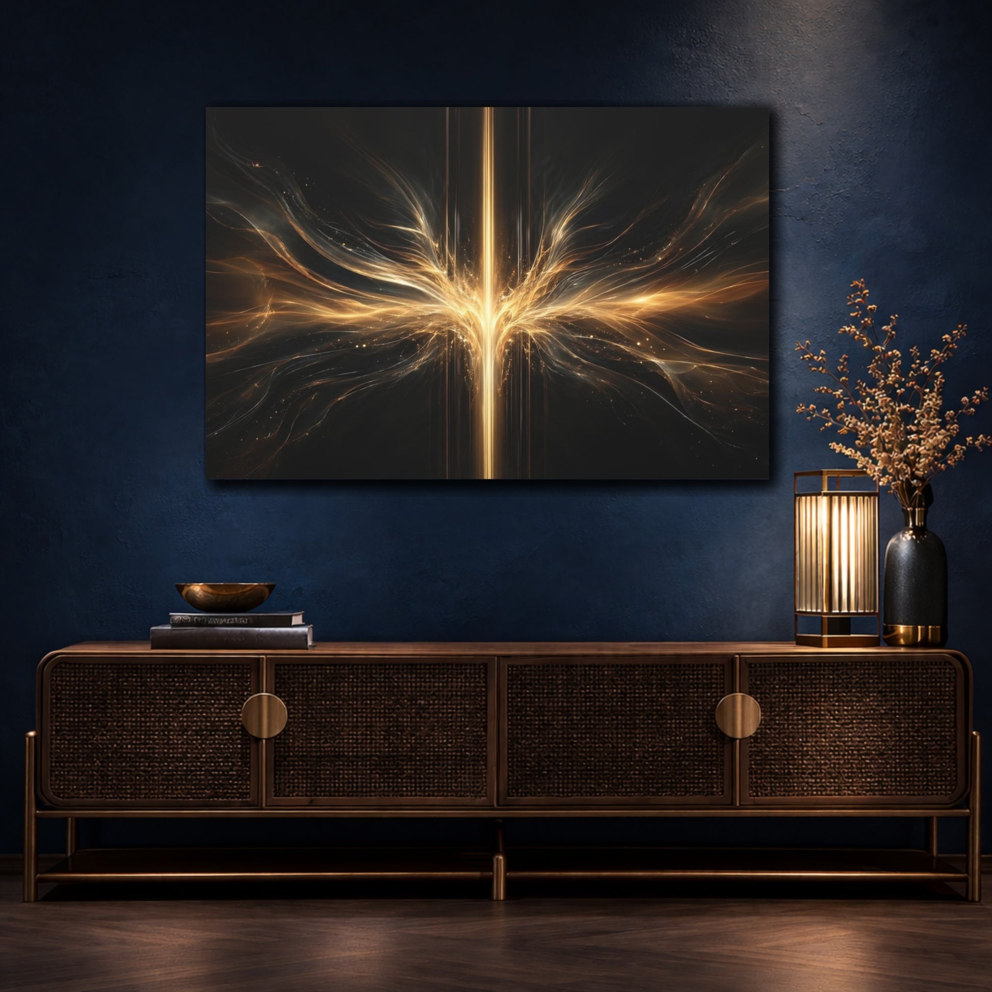 Mockup 4. Abstract Energy Burst Gold And Black Abstract shown as stretched canvas wall art