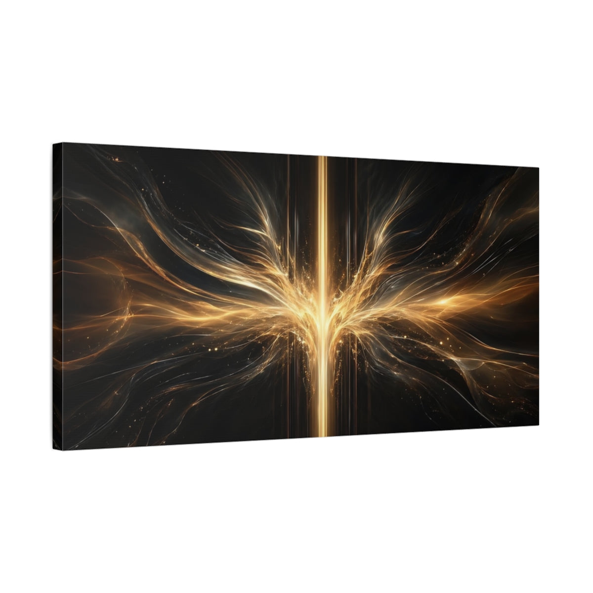 Side Mockup 1. Abstract Energy Burst Gold And Black Abstract shown as stretched canvas wall art