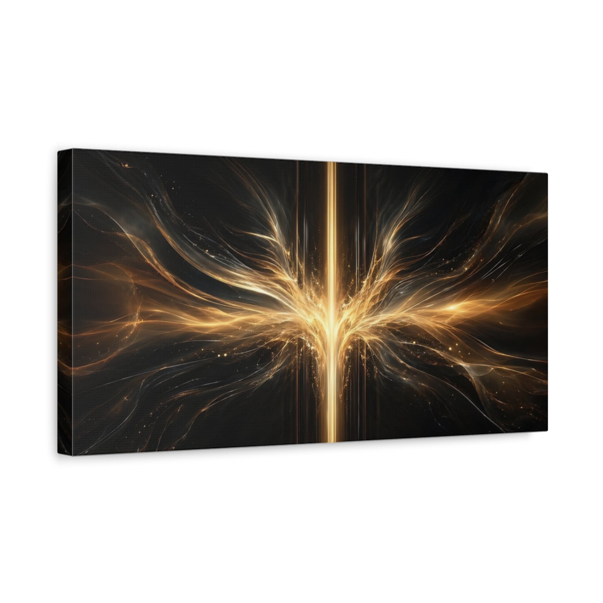 Side Mockup 3. Abstract Energy Burst Gold And Black Abstract shown as stretched canvas wall art