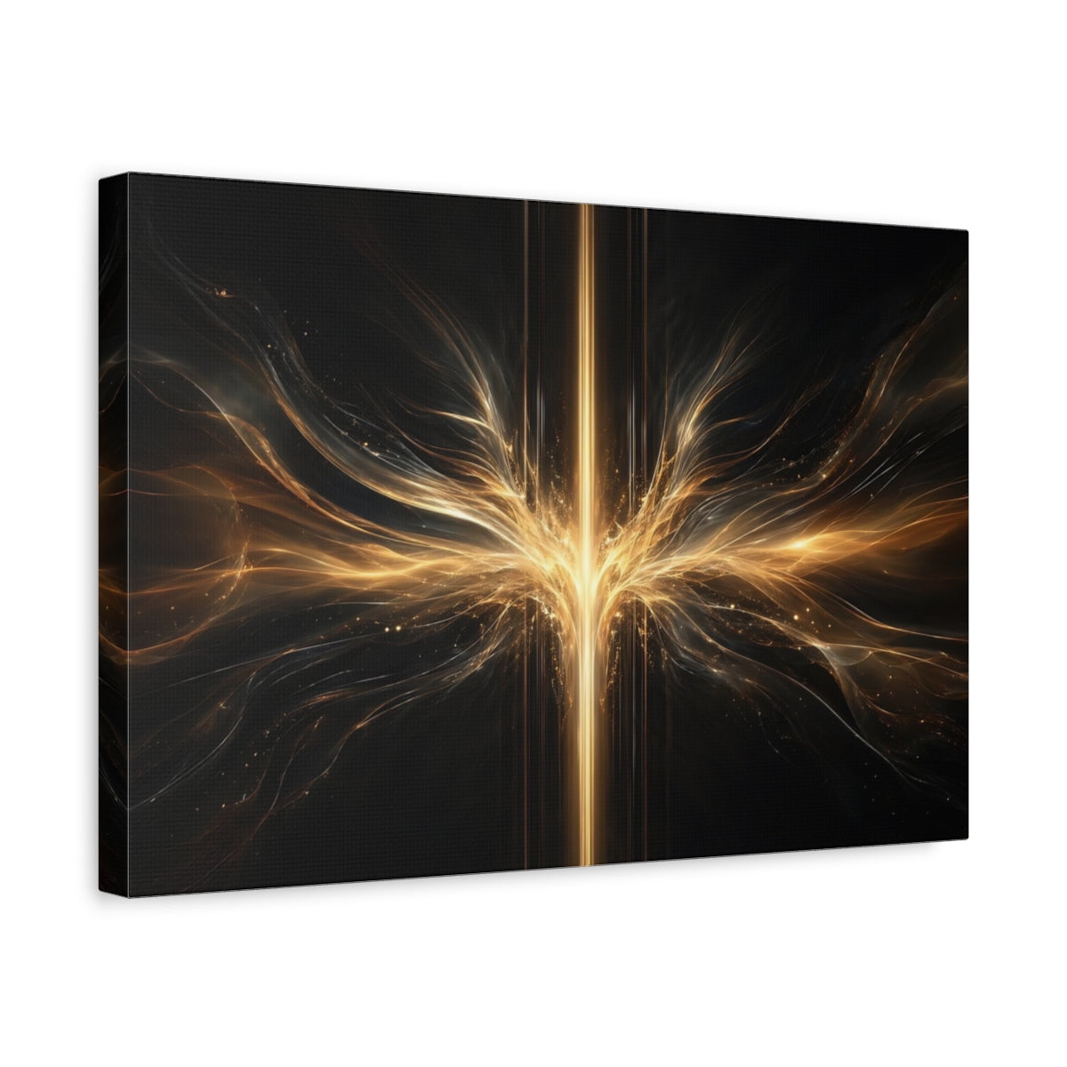 Side Mockup 4. Abstract Energy Burst Gold And Black Abstract shown as stretched canvas wall art