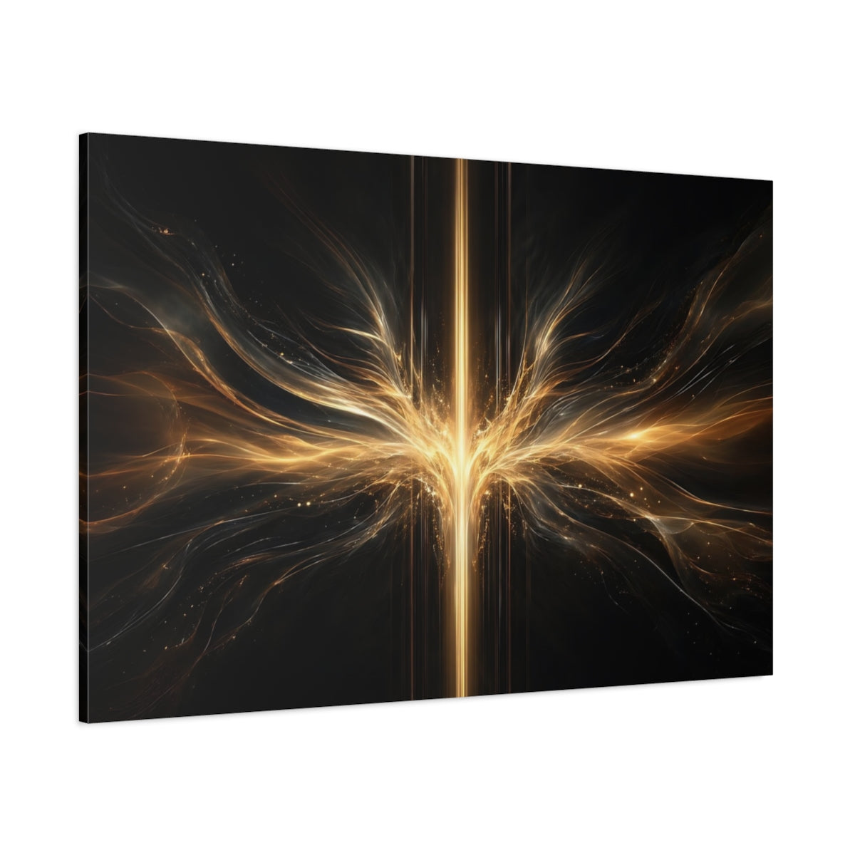 Side Mockup 1. Abstract Energy Burst Gold And Black Abstract shown as stretched canvas wall art