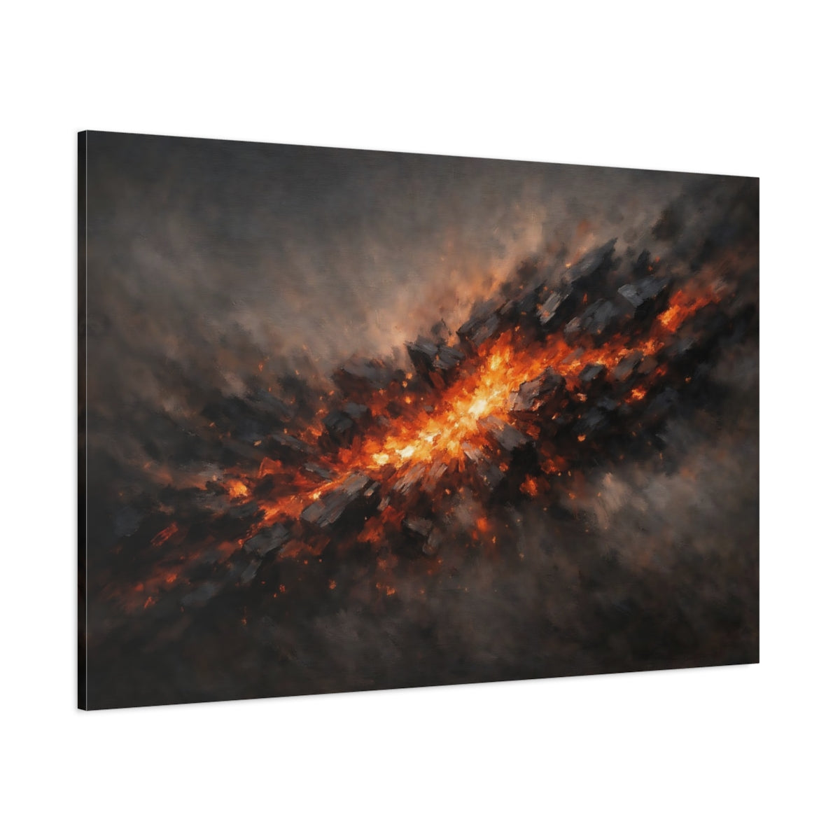 Main Mockup. Abstract Energy Burst Orange And Black Abstract shown as stretched canvas wall art
