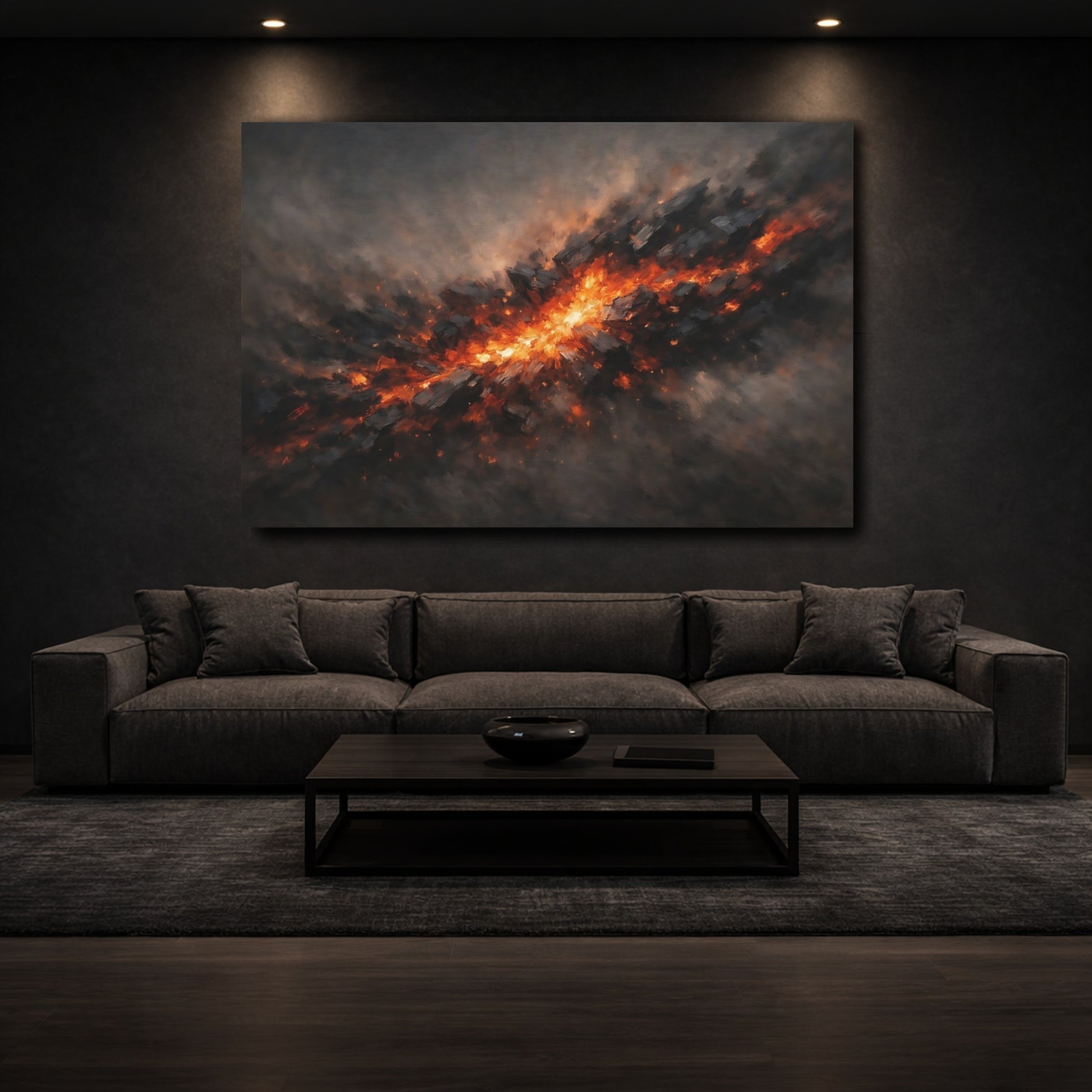 Mockup 2. Abstract Energy Burst Orange And Black Abstract shown as stretched canvas wall art