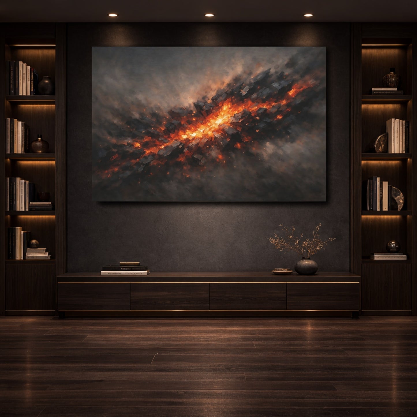Mockup 3. Abstract Energy Burst Orange And Black Abstract shown as stretched canvas wall art