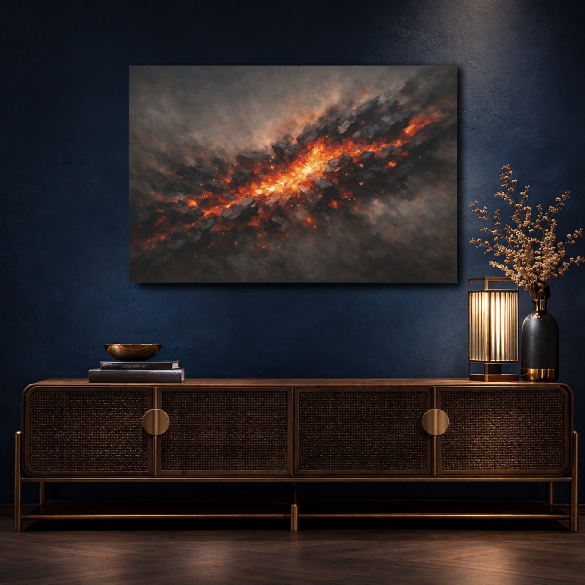 Mockup 4. Abstract Energy Burst Orange And Black Abstract shown as stretched canvas wall art