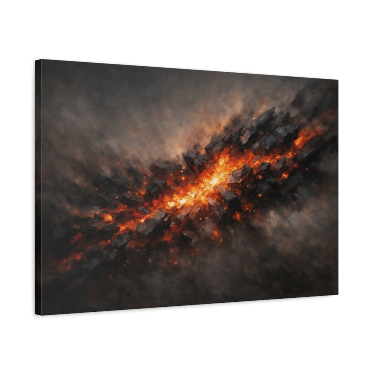 Side Mockup 2. Abstract Energy Burst Orange And Black Abstract shown as stretched canvas wall art