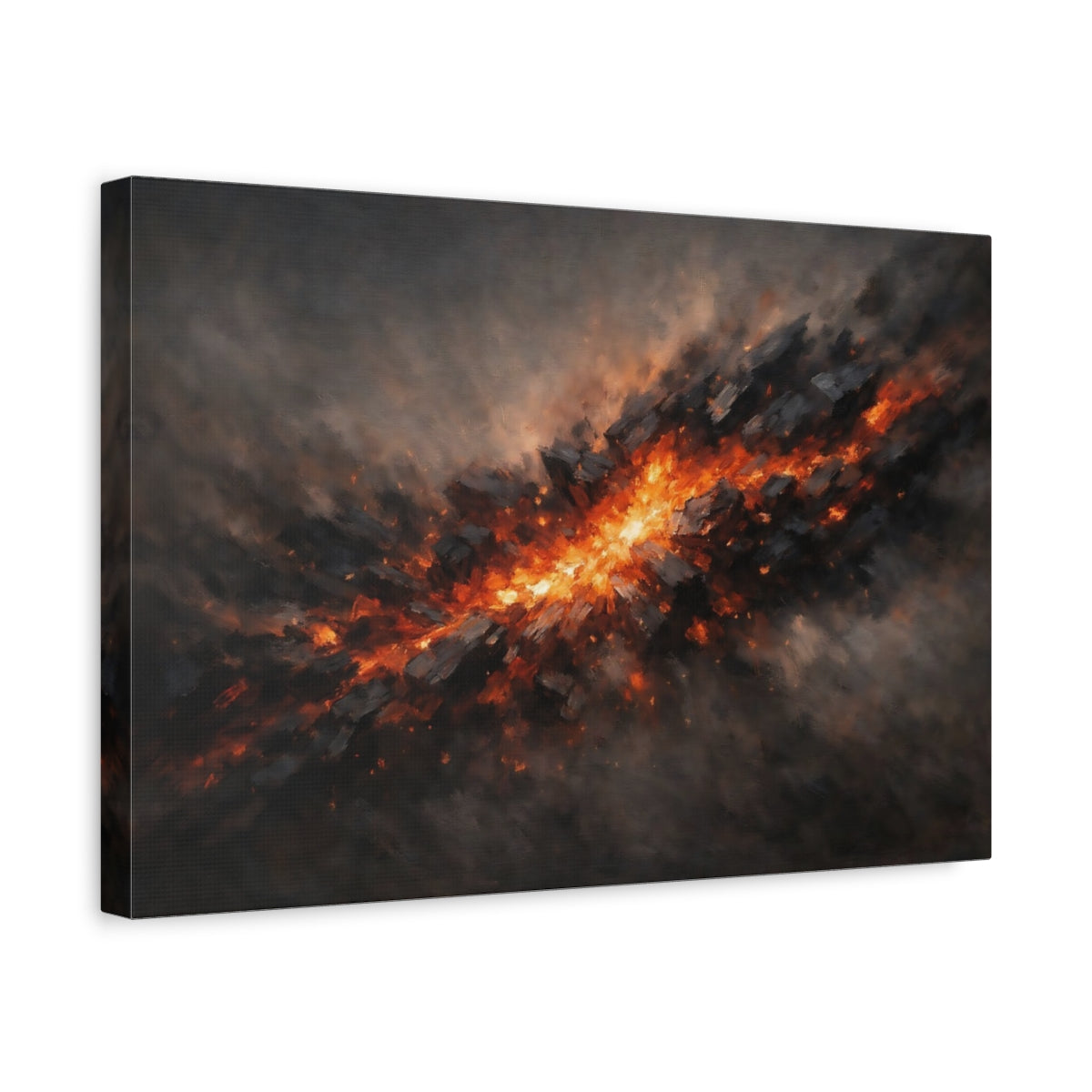 Side Mockup 4. Abstract Energy Burst Orange And Black Abstract shown as stretched canvas wall art