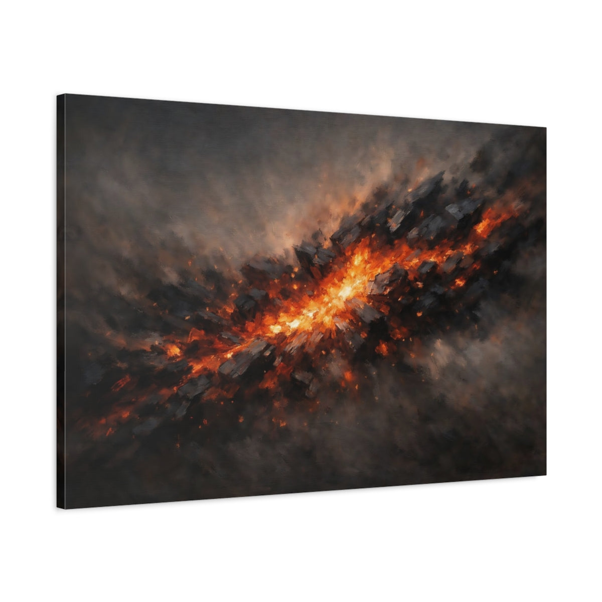 Side Mockup 1. Abstract Energy Burst Orange And Black Abstract shown as stretched canvas wall art