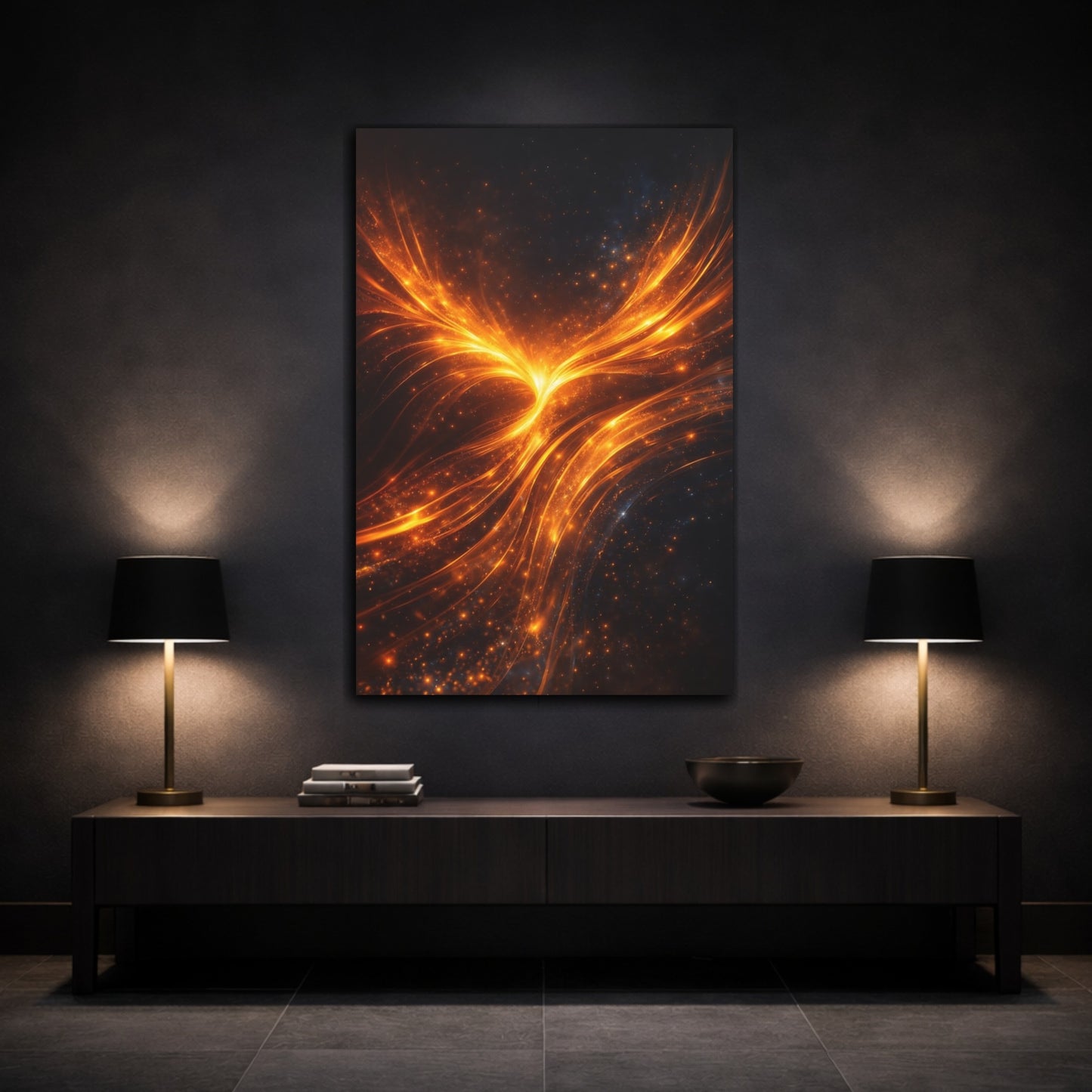 Mockup 2. Abstract Energy Burst Orange Black Abstract shown as stretched canvas wall art