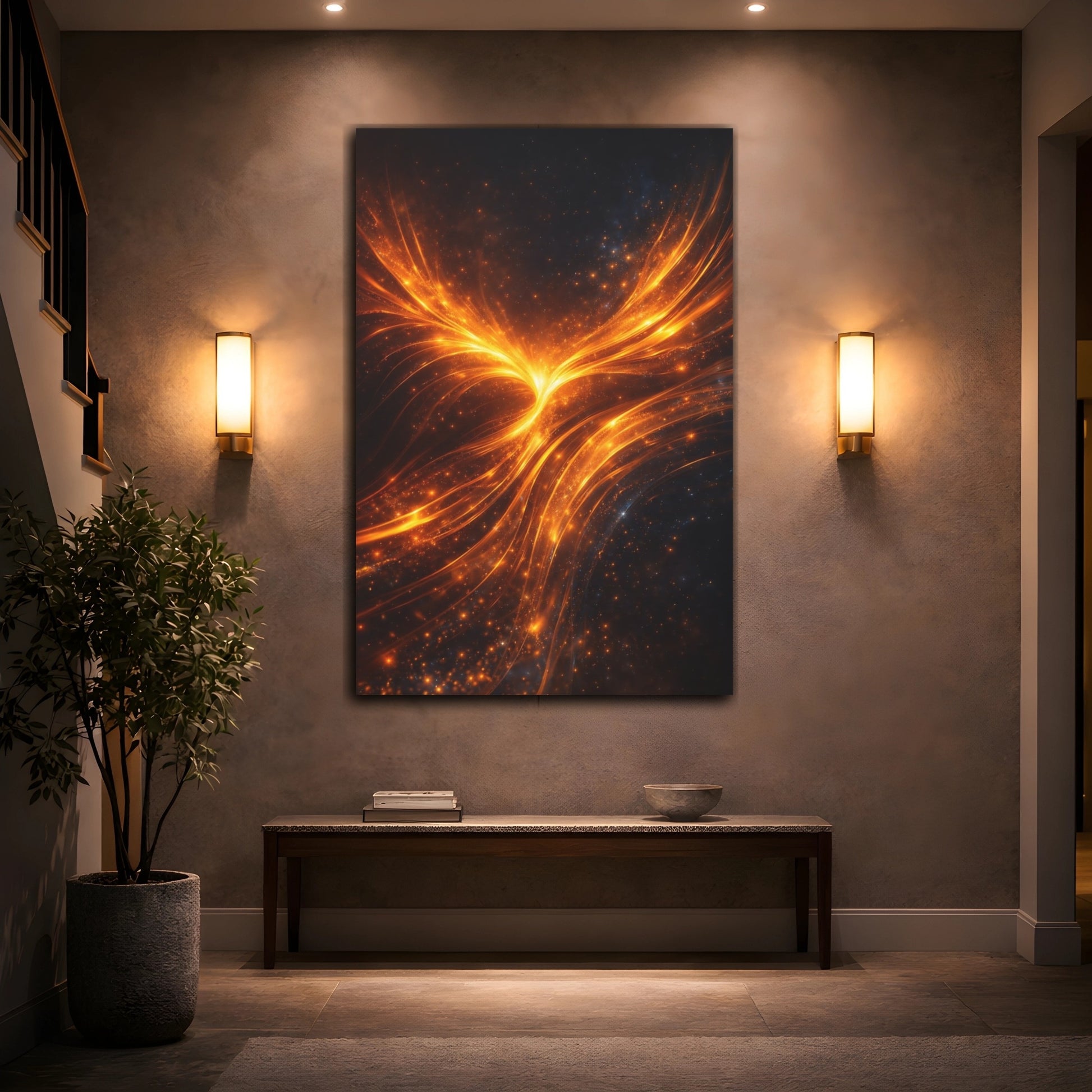 Mockup 3. Abstract Energy Burst Orange Black Abstract shown as stretched canvas wall art