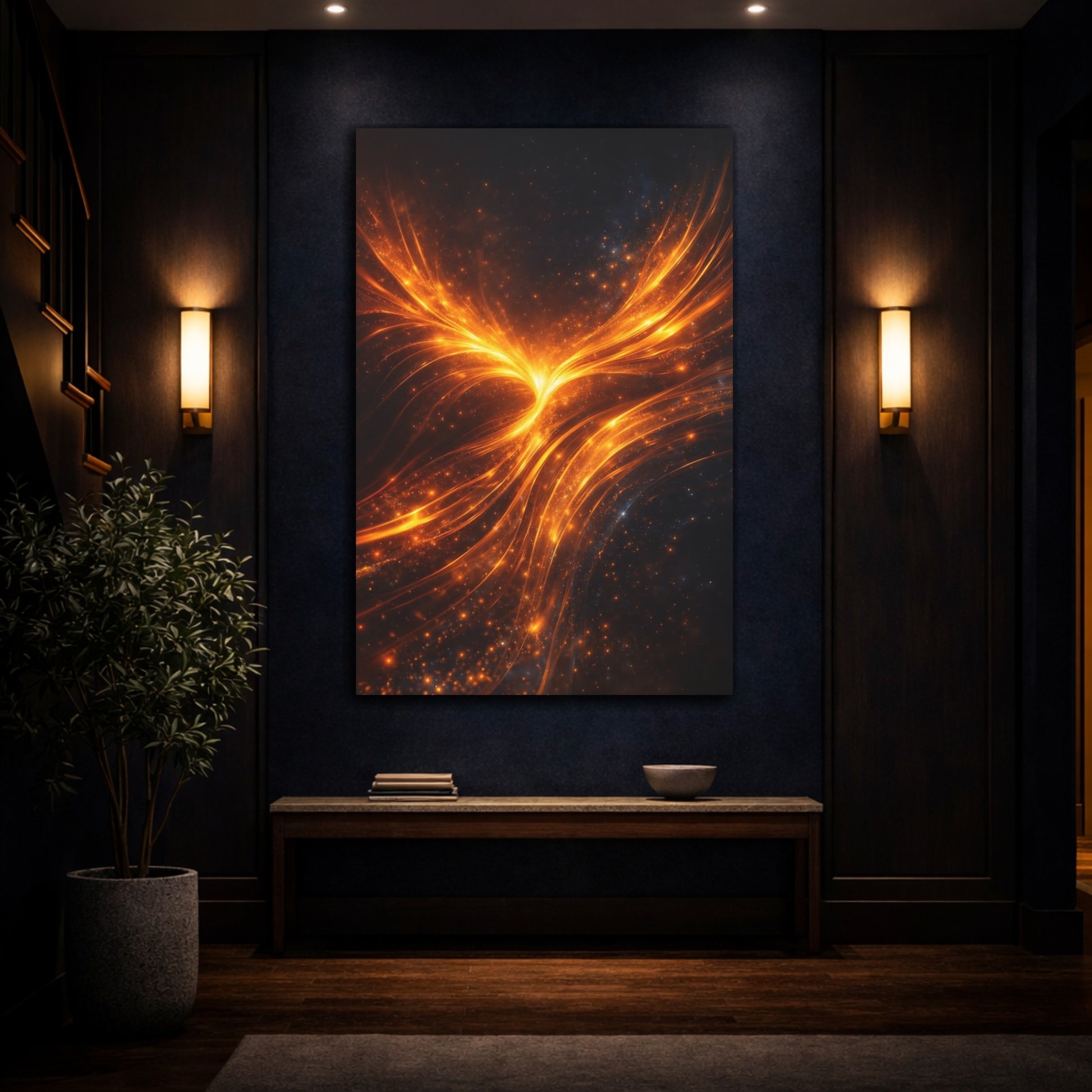 Mockup 4. Abstract Energy Burst Orange Black Abstract shown as stretched canvas wall art