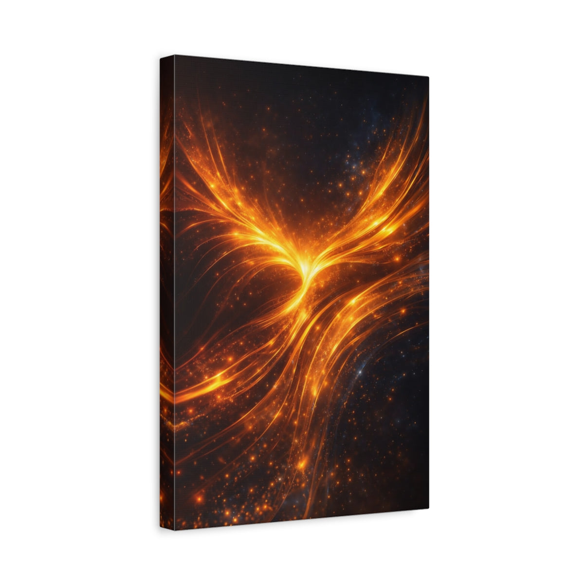 Side Mockup 4. Abstract Energy Burst Orange Black Abstract shown as stretched canvas wall art