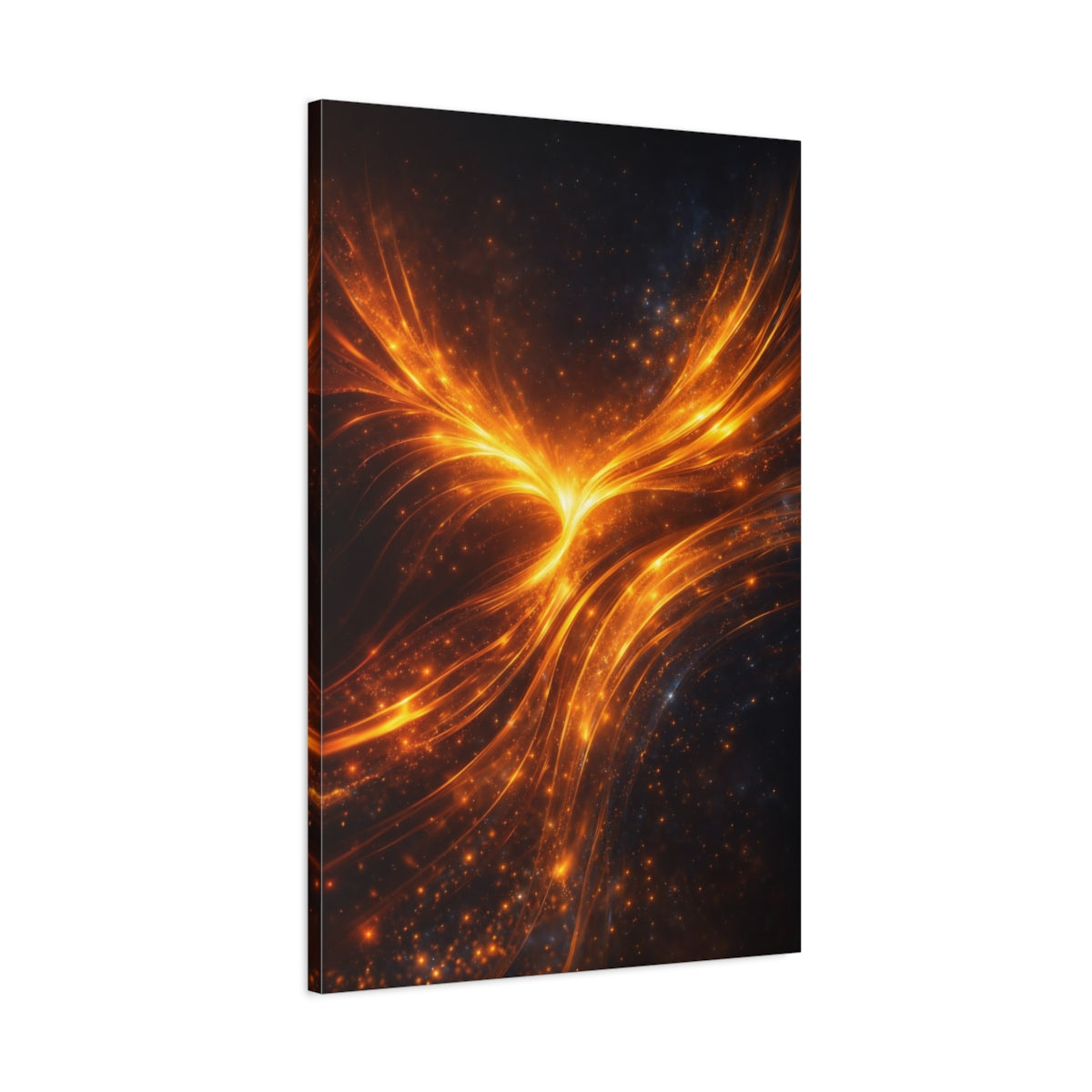 Side Mockup 1. Abstract Energy Burst Orange Black Abstract shown as stretched canvas wall art