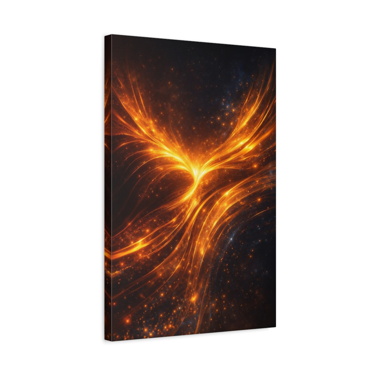 Side Mockup 3. Abstract Energy Burst Orange Black Abstract shown as stretched canvas wall art