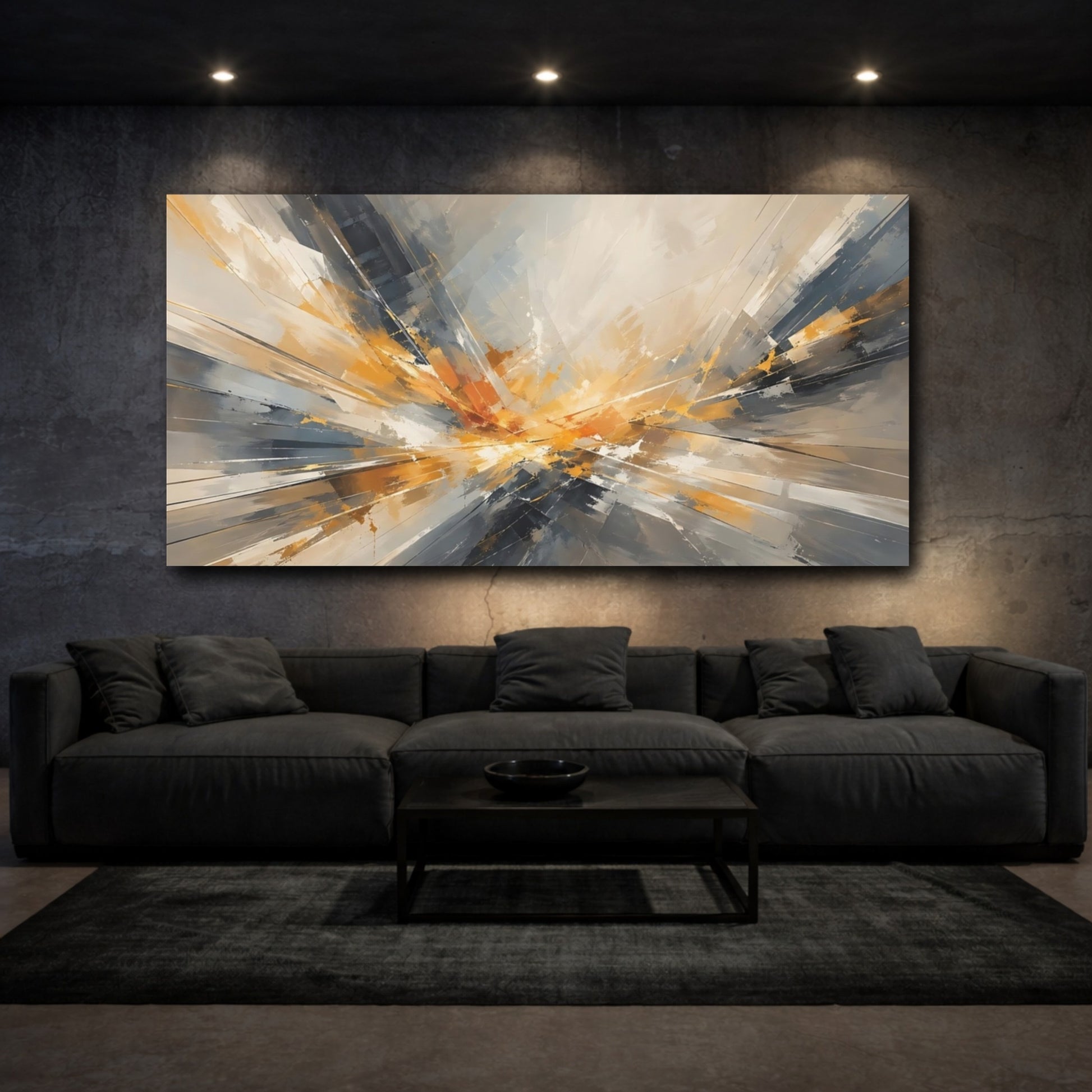Mockup 2. Abstract Energy Burst Orange Grey Abstract shown as stretched canvas wall art