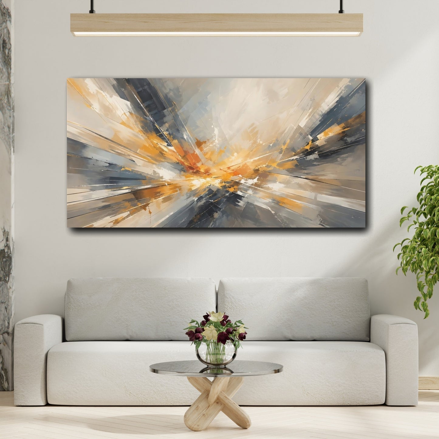 Mockup 3. Abstract Energy Burst Orange Grey Abstract shown as stretched canvas wall art