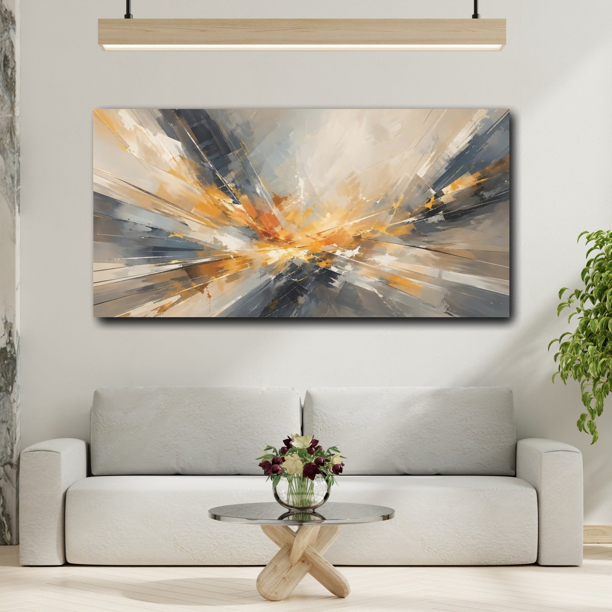 Mockup 3. Abstract Energy Burst Orange Grey Abstract shown as stretched canvas wall art