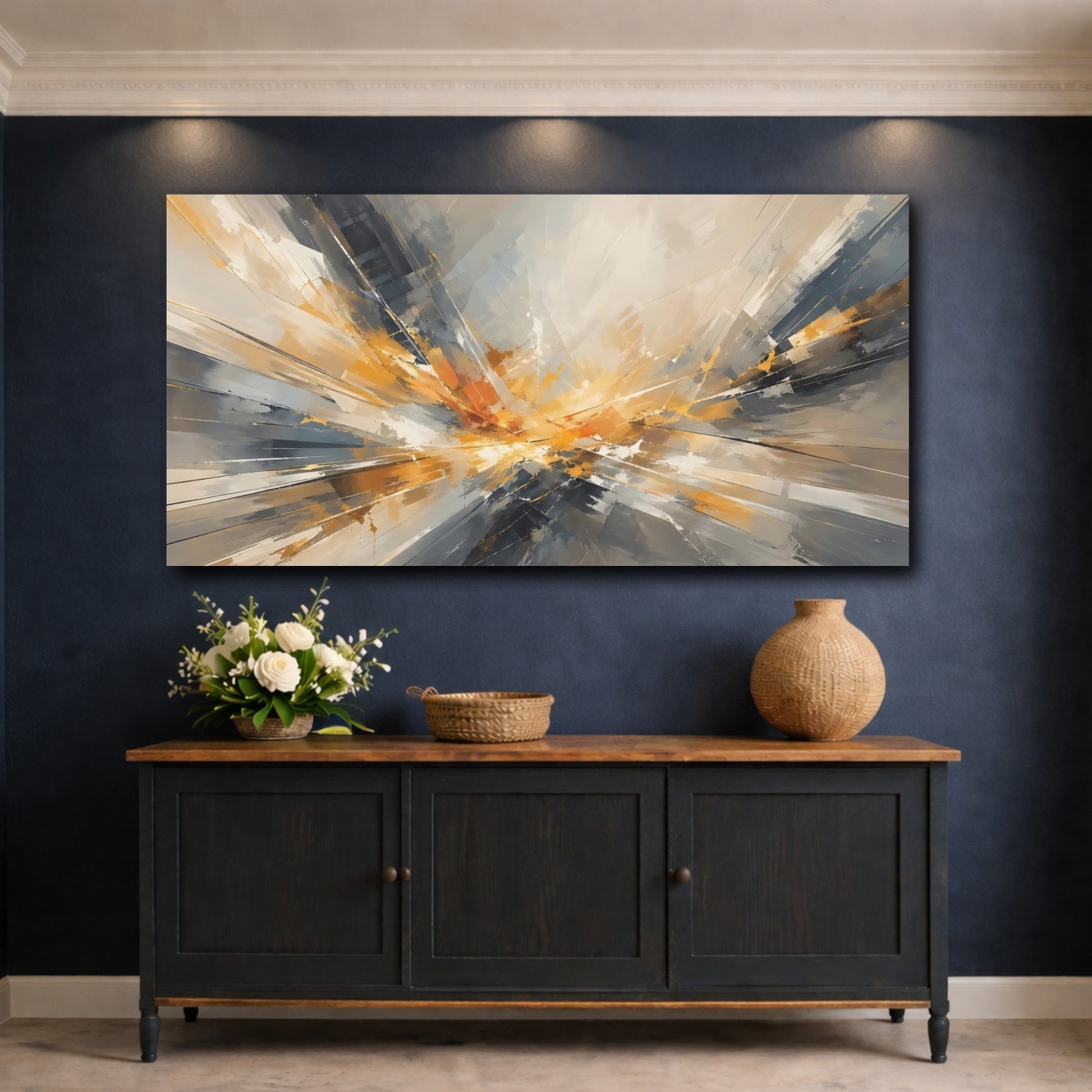 Mockup 4. Abstract Energy Burst Orange Grey Abstract shown as stretched canvas wall art