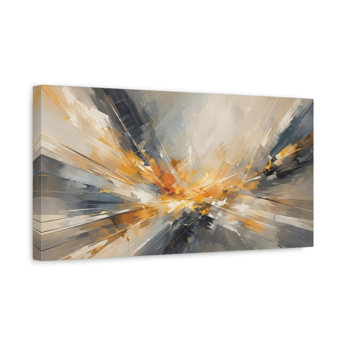 Side Mockup 3. Abstract Energy Burst Orange Grey Abstract shown as stretched canvas wall art