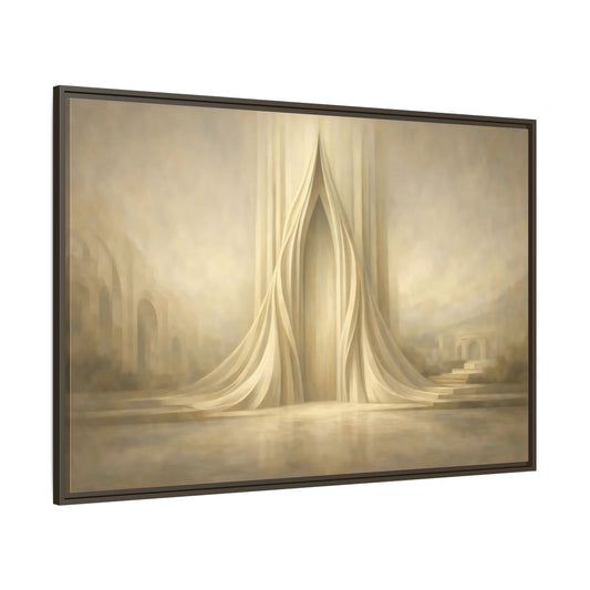 Main Mockup. Abstract Ethereal Arch Beige And Gold shown as stretched canvas wall art