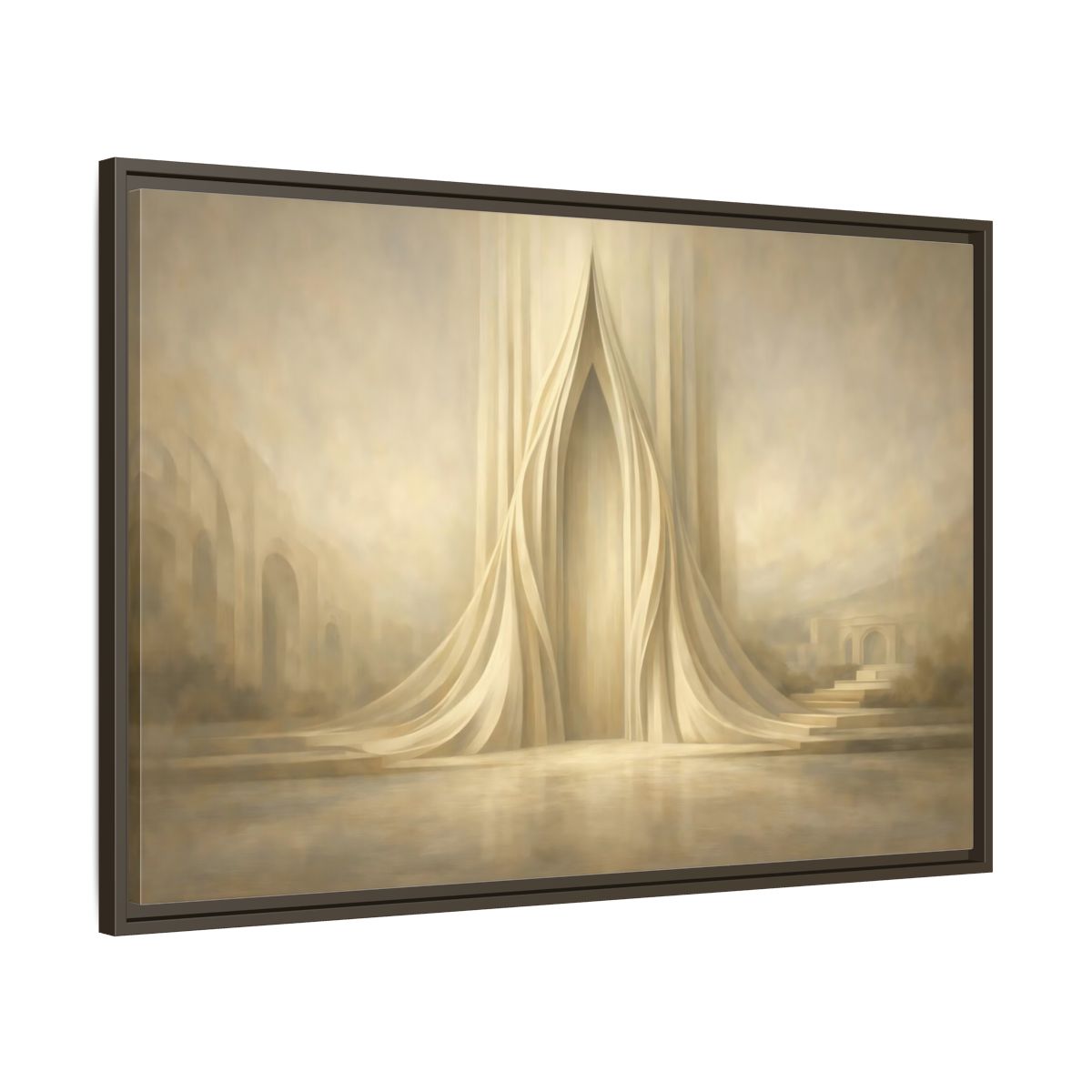 Side Mockup 9. Abstract Ethereal Arch Beige And Gold shown as stretched canvas wall art