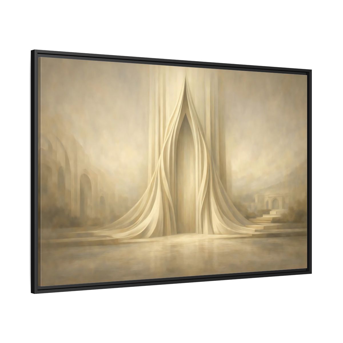 Side Mockup 12. Abstract Ethereal Arch Beige And Gold shown as stretched canvas wall art