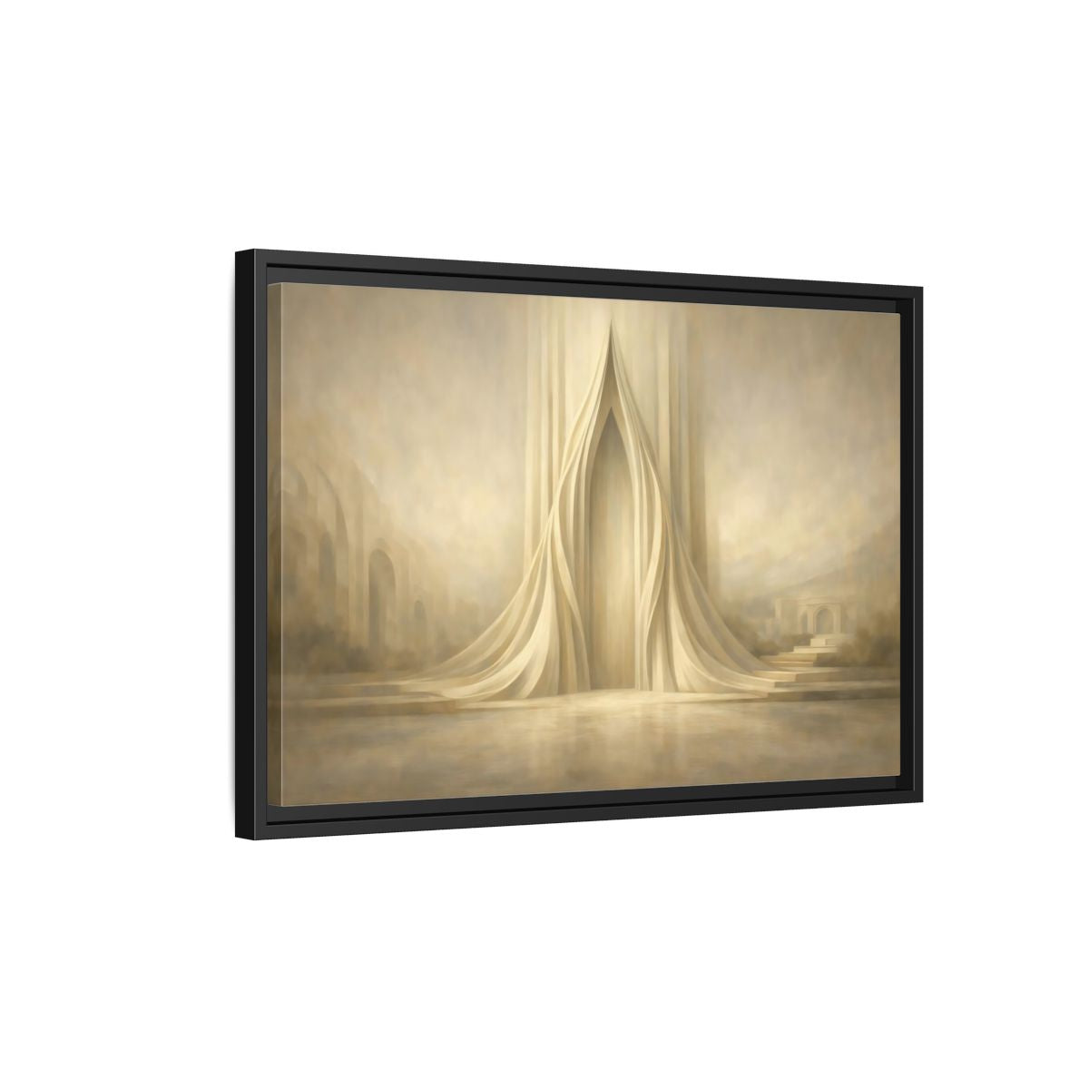 Side Mockup 3. Abstract Ethereal Arch Beige And Gold shown as stretched canvas wall art