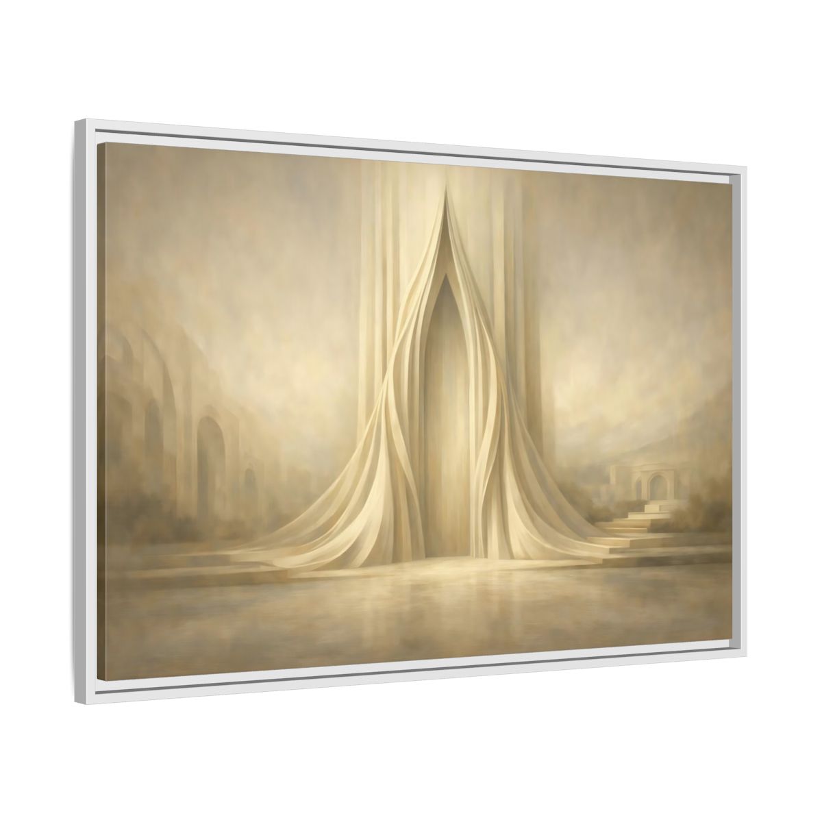 Side Mockup 8. Abstract Ethereal Arch Beige And Gold shown as stretched canvas wall art