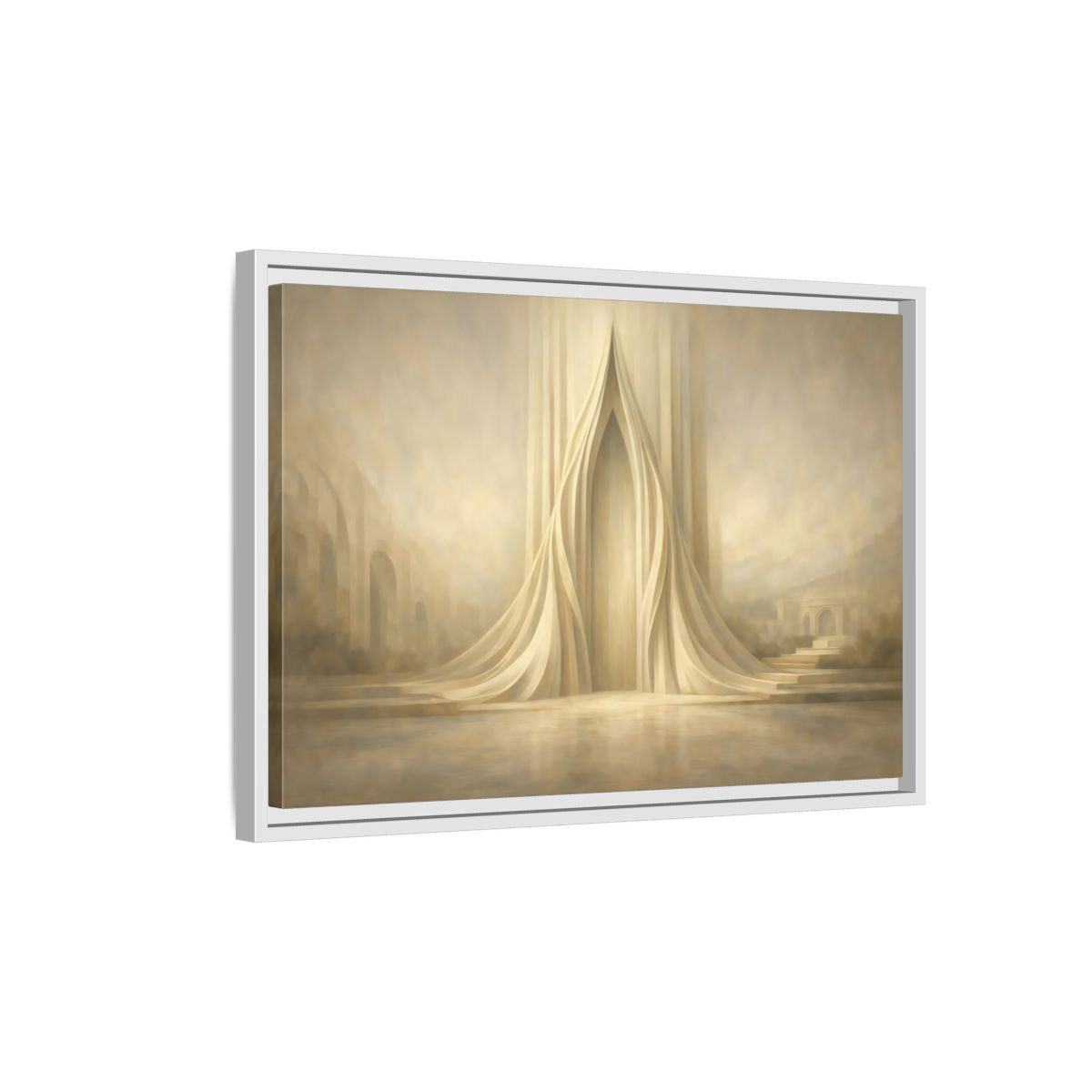 Side Mockup 1. Abstract Ethereal Arch Beige And Gold shown as stretched canvas wall art