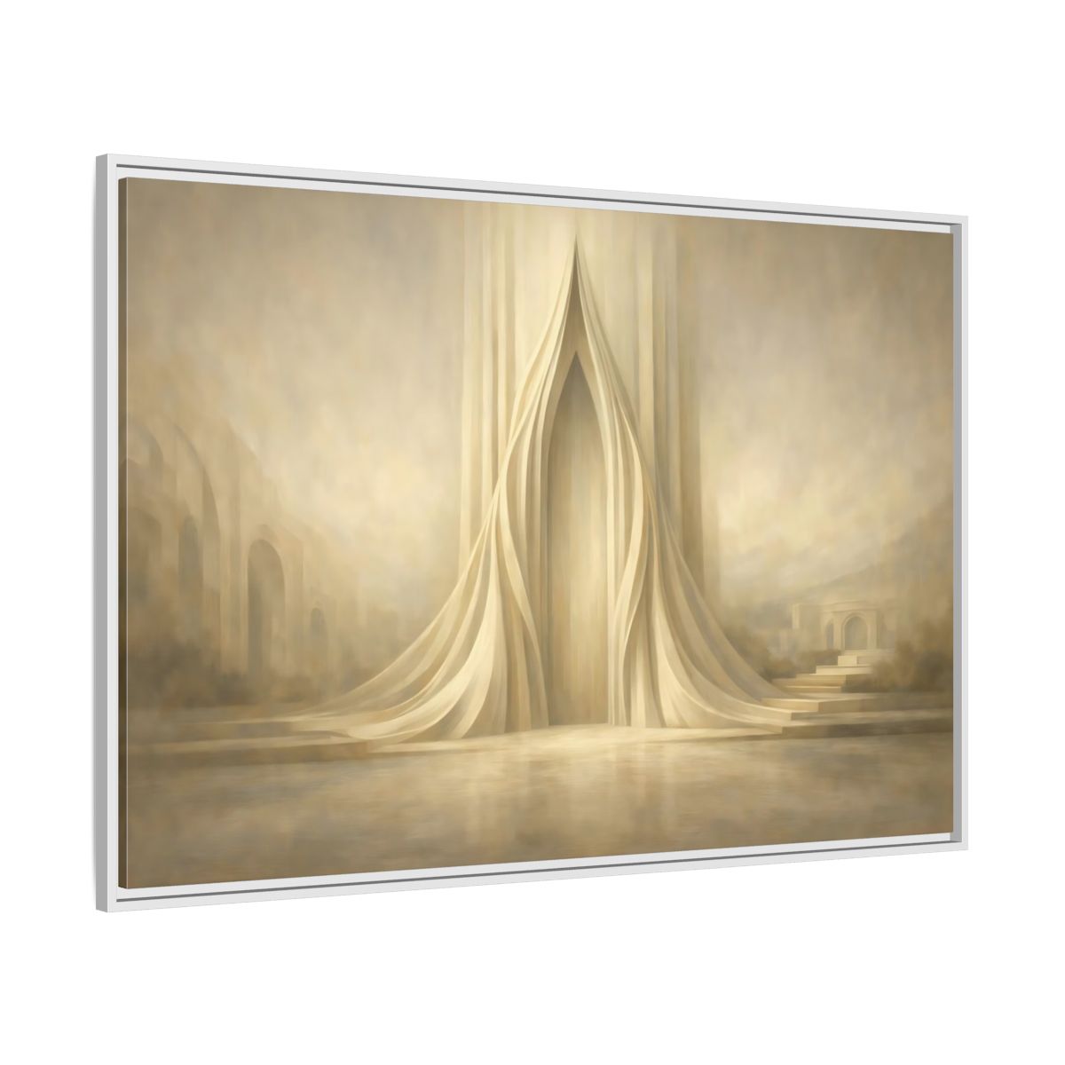 Side Mockup 7. Abstract Ethereal Arch Beige And Gold shown as stretched canvas wall art