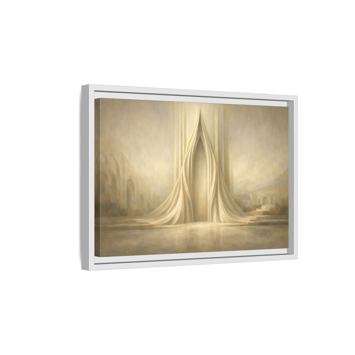 Side Mockup 4. Abstract Ethereal Arch Beige And Gold shown as stretched canvas wall art
