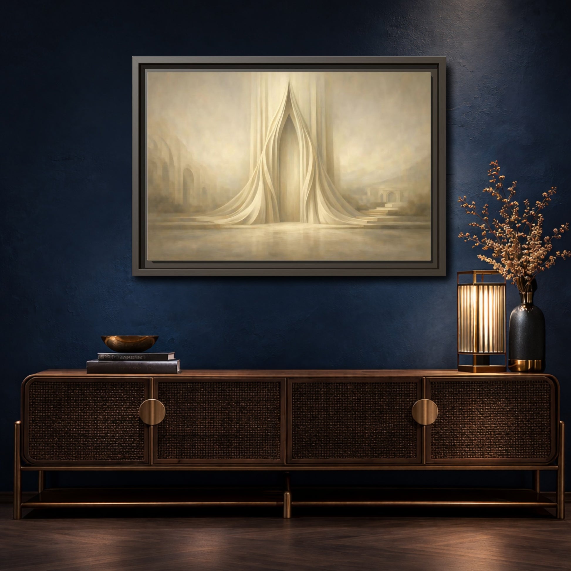 Mockup 4. Abstract Ethereal Arch Beige And Gold shown as stretched canvas wall art