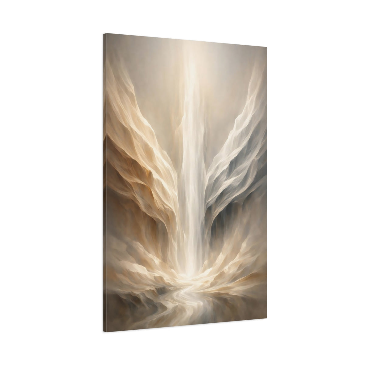Main Mockup. Abstract Ethereal Canyon Beige And Gold shown as stretched canvas wall art