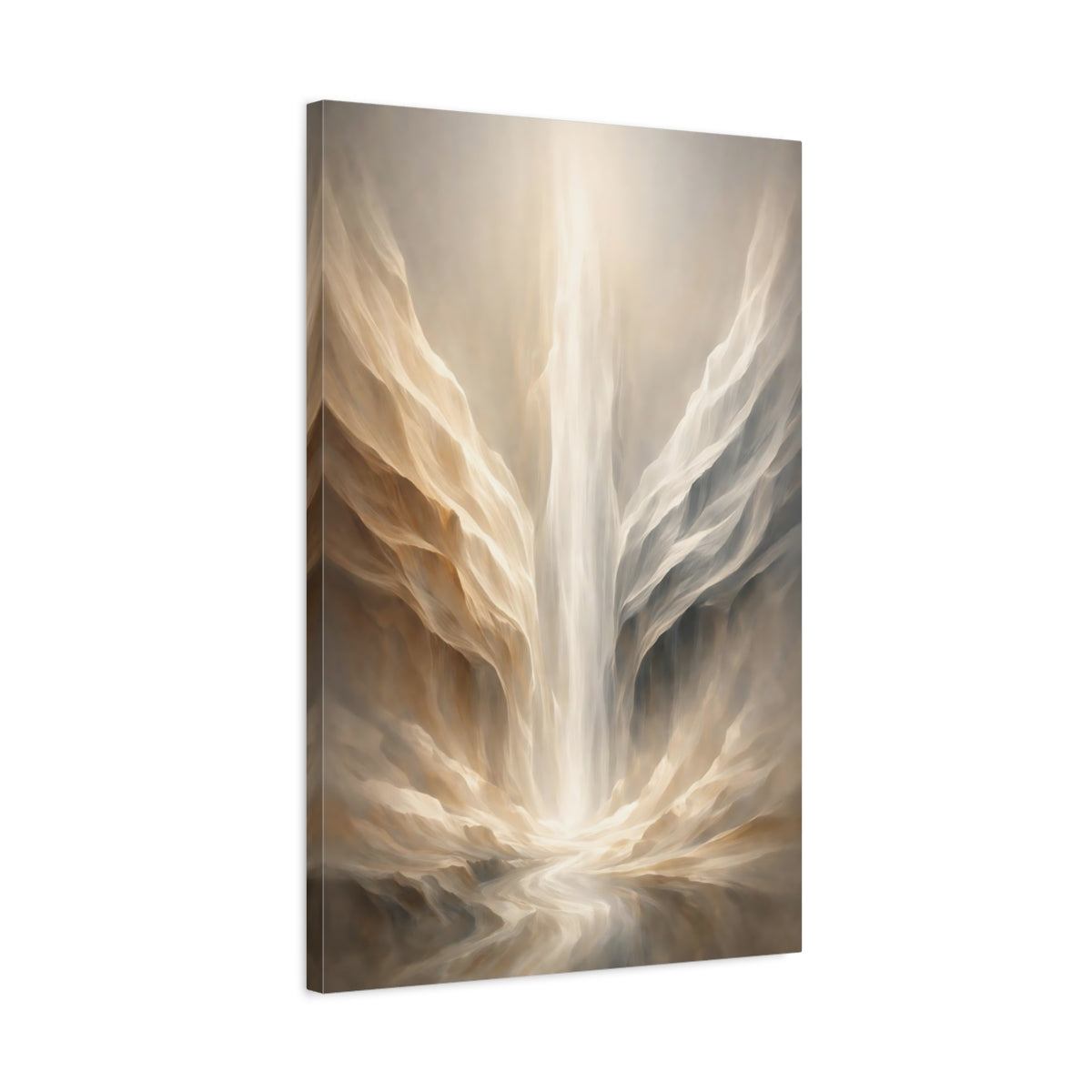 Side Mockup 2. Abstract Ethereal Canyon Beige And Gold shown as stretched canvas wall art